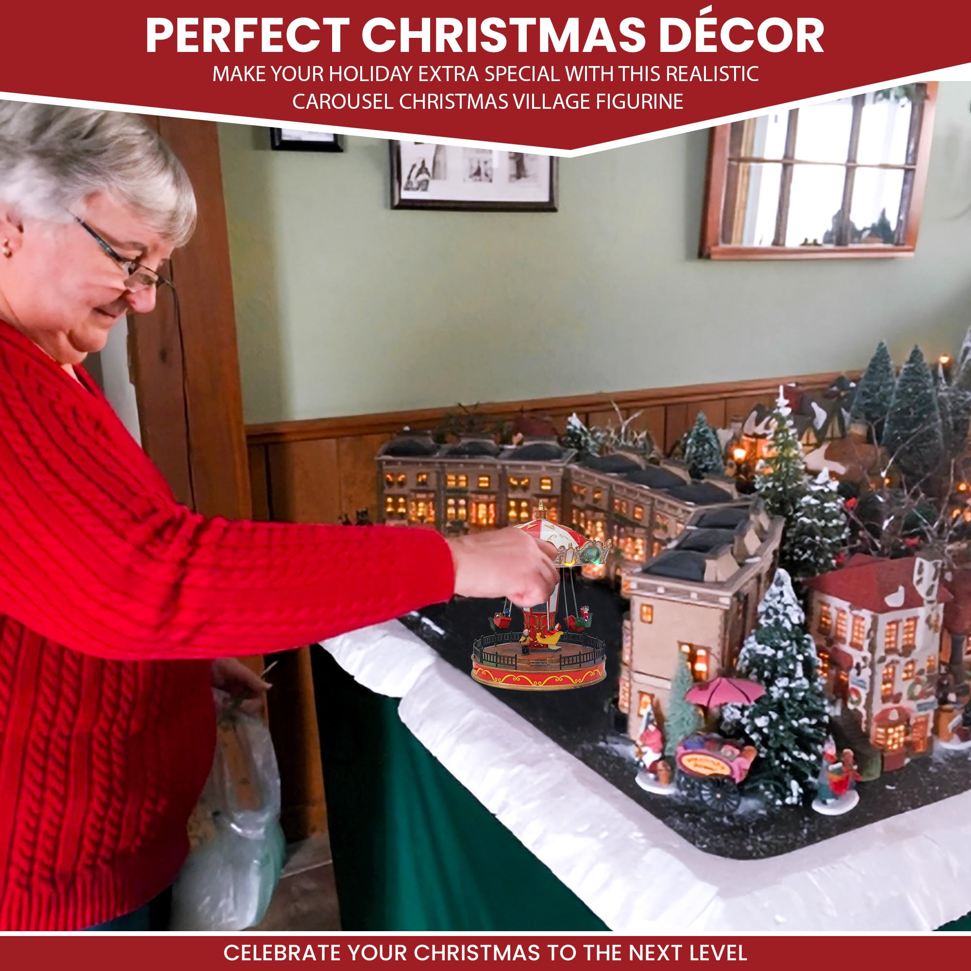 Animated Musical Christmas Carousel with LED Lights - Rotating Holiday Snow Village Display for Home Decor | Perfect for Christmas Tree Toppers, Mantel Decorations & Winter Village Scenes