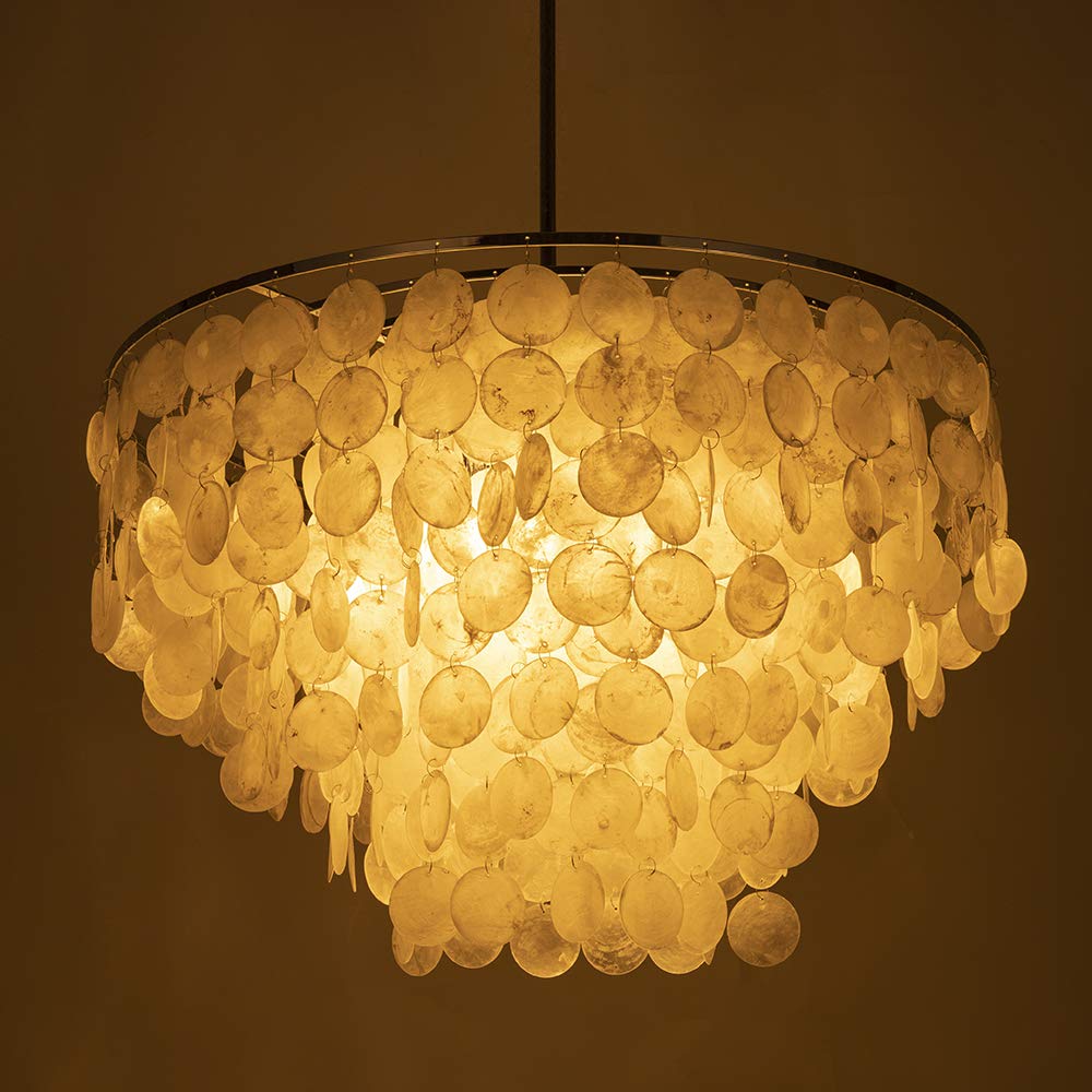 Natural Capiz Shell Chandelier - 6-Light Coastal Modern Pendant Lighting, 24