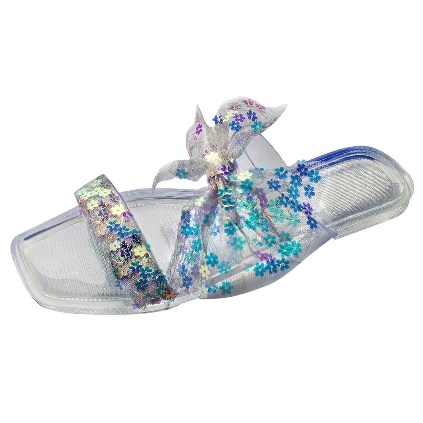 Women's Summer Square Toe Sandals - Fashion Lace Bow Flower Glitter Sequin Leather Slippers for Women (Silver, Size 11) | Comfortable House Shoes for Relaxing at Home, Beach Wear & Casual Outings