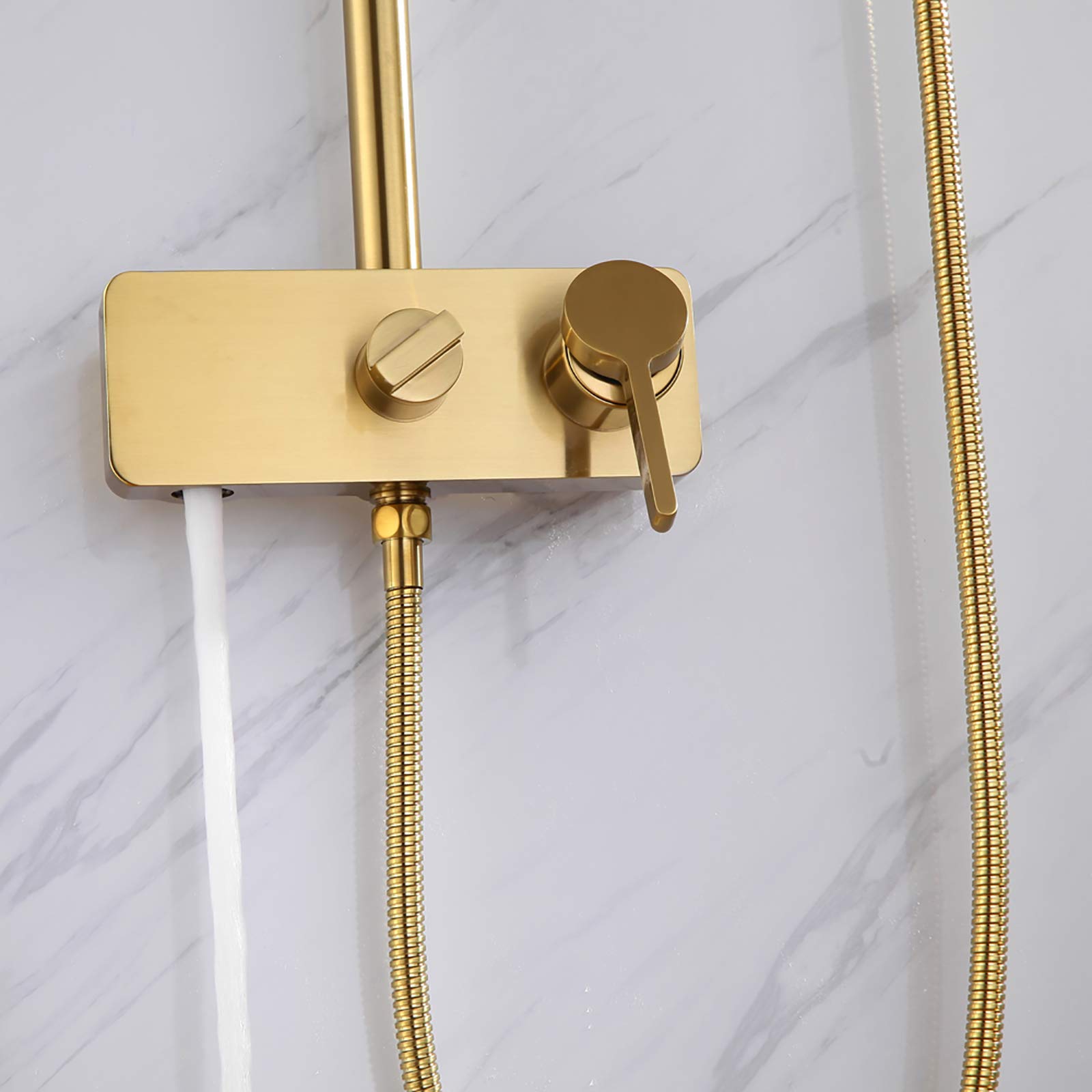 LUNEZY 10 Inch Brushed Gold Wall Mounted Shower Faucet Set - Rainfall Shower Head, Handheld Shower & Bathtub Faucet - Luxury Bathroom Fixtures for Modern & Spa-Like Showers