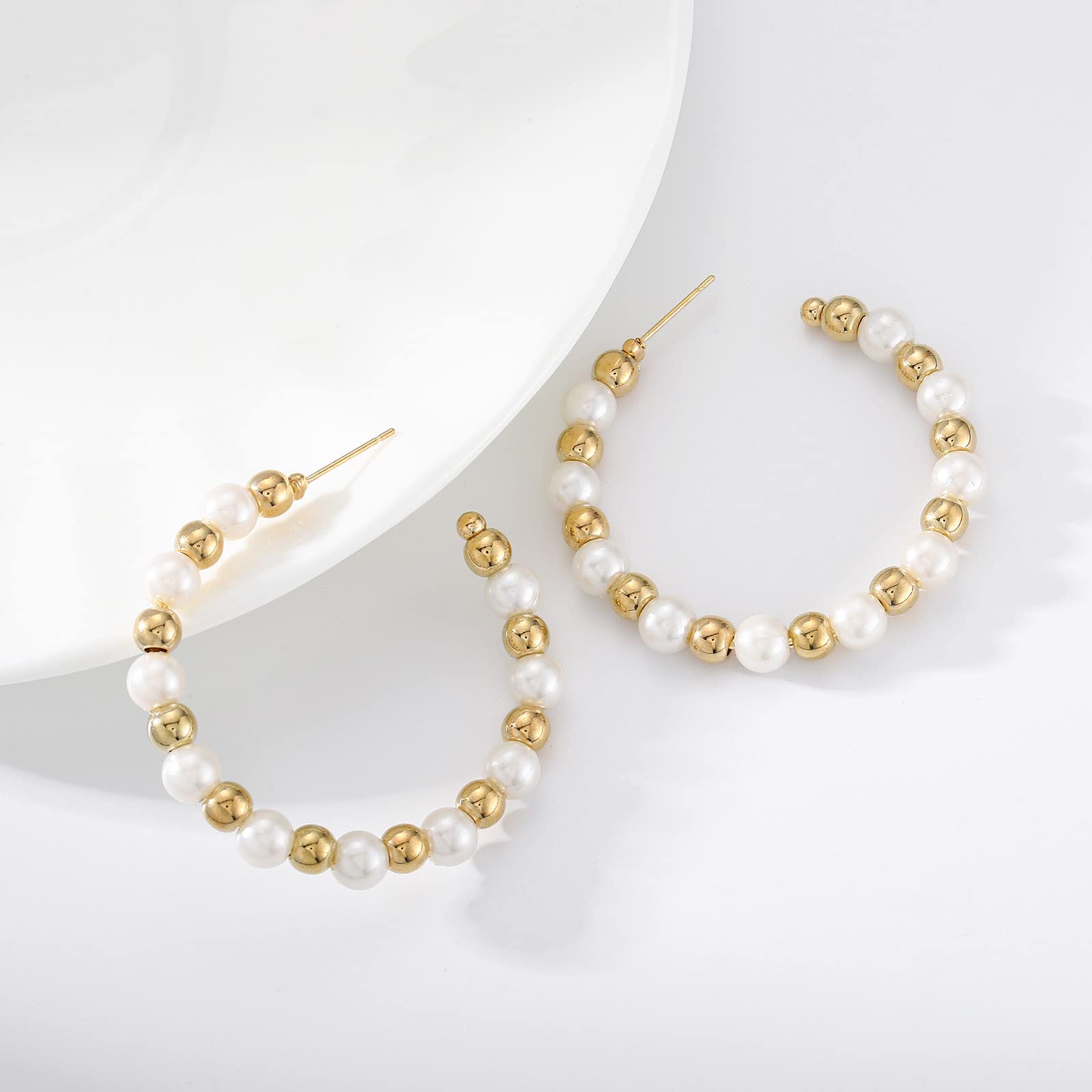 Olbye Pearl Earrings for Women - 14K Gold Plated Geometric Hoop Earrings with Beaded Charm, Large Circle Drop Dangle Earrings | Perfect for Wedding, Party & Everyday Jewelry
