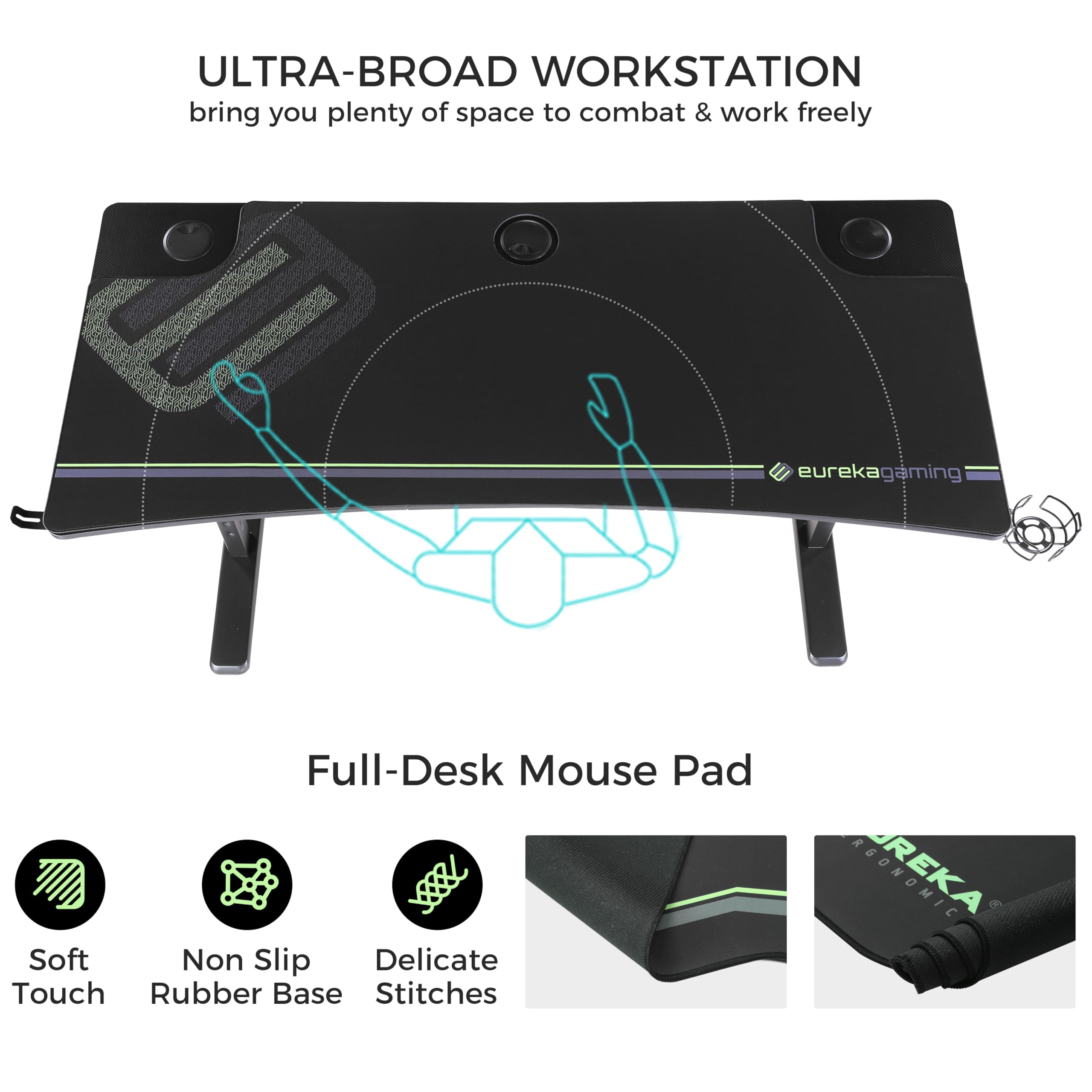 EUREKA ERGONOMIC 63 Inch Large Adjustable Height Computer Desk - Ergonomic Gaming Desk for Home Office with Dual Monitor Stand, Curved Edge, Mouse Pad & Accessory Holders | Perfect for Work, Gaming & Studio Setup