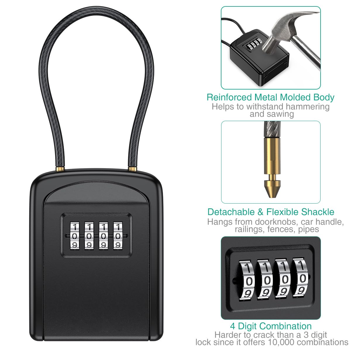 ORIA 4 Digit Combination Key Lock Box - Secure Key Safe with Removable Chain for Home, Office, Garage & Outdoor Use - Weatherproof Black Key Storage Box for Spare Keys, Airbnb, Vacation Rentals & Property Management