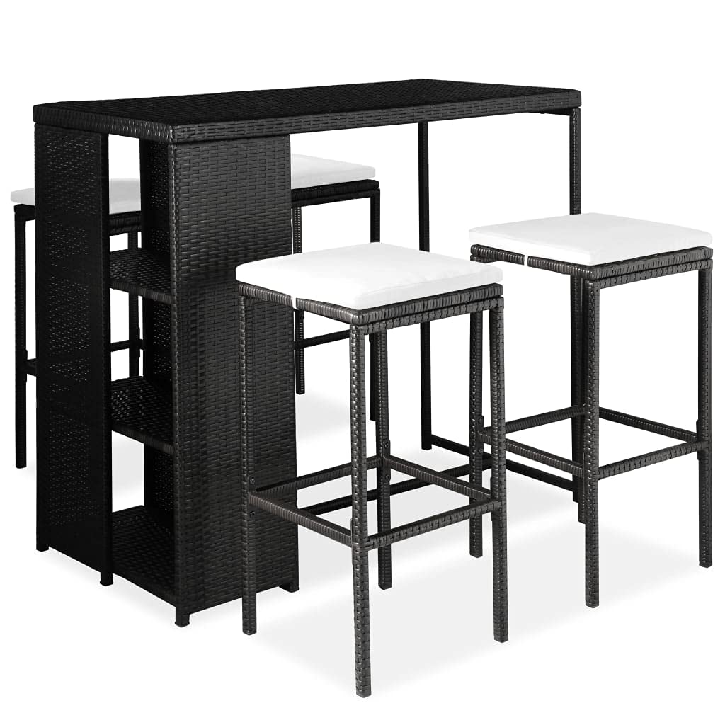 5-Piece Black Poly Rattan Outdoor Bar Set with Table & 4 Chairs, Cushions Included - Perfect for Patio, Garden, Poolside & Backyard Entertaining