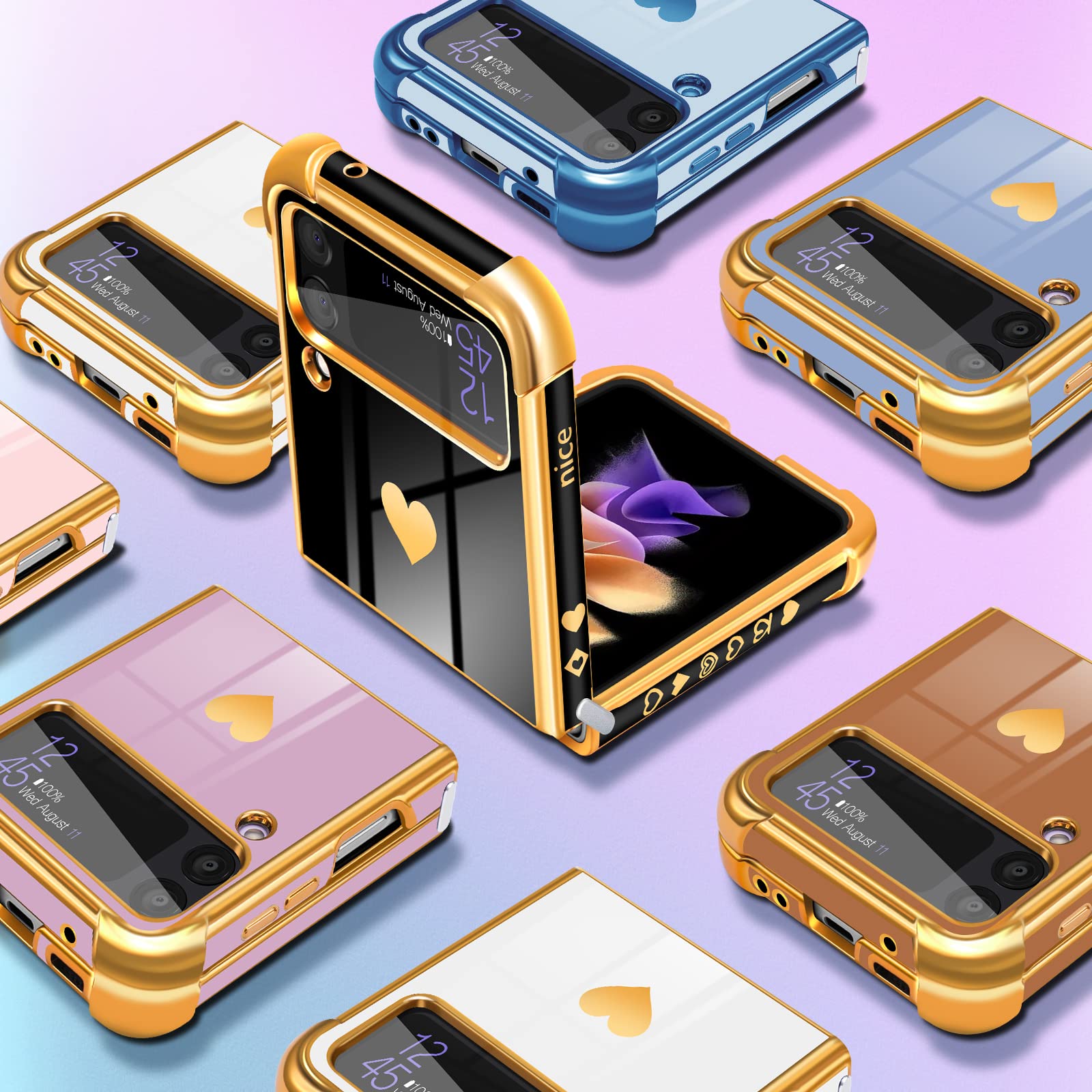 Luxury Black and Gold Plated Heart Design Phone Case for Samsung Galaxy Z Flip 4/5G 6.7