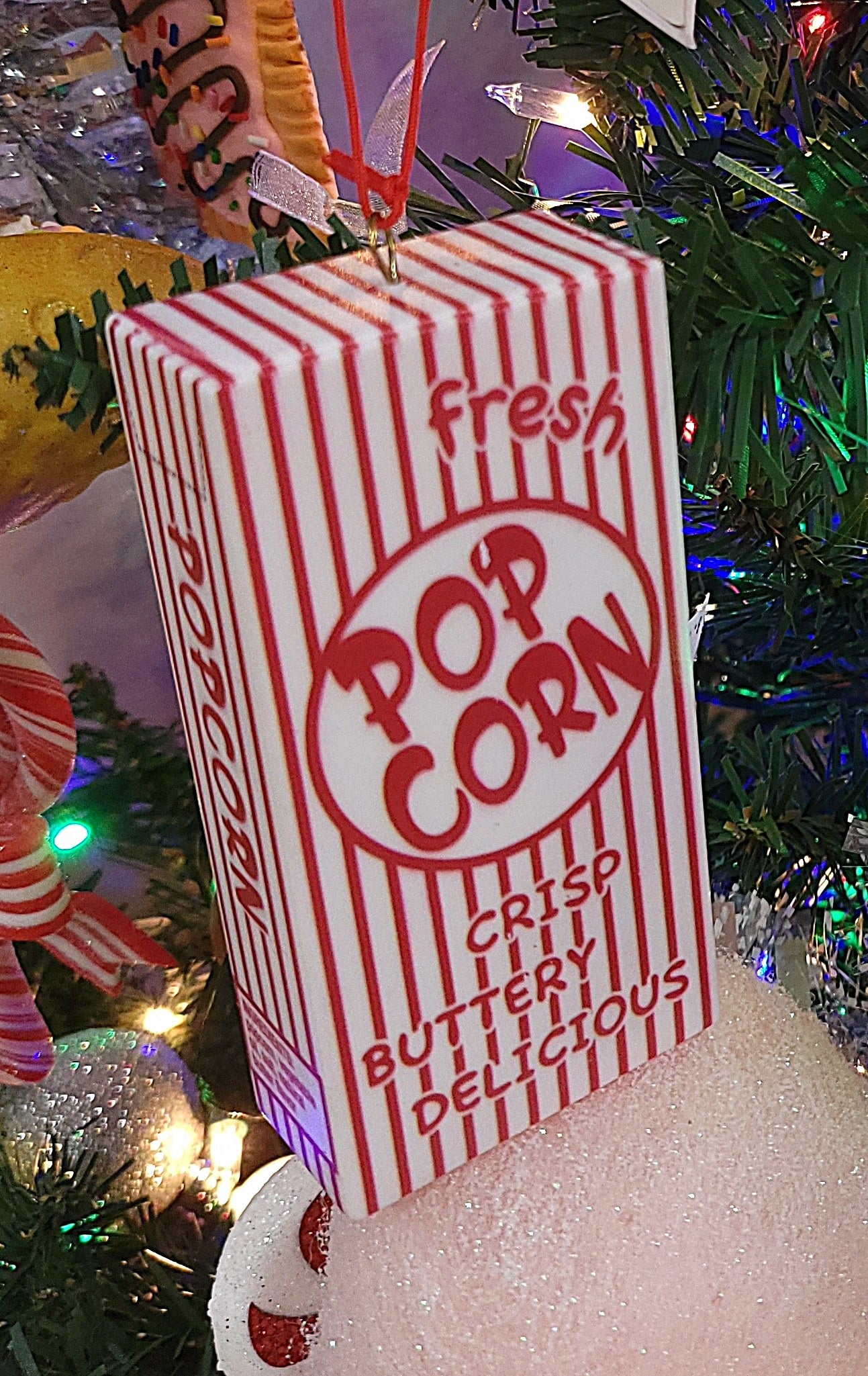 4 Pack Popcorn Box Ornaments - Christmas Tree Decorations for Holiday Party, Movie Night, and Home Decor