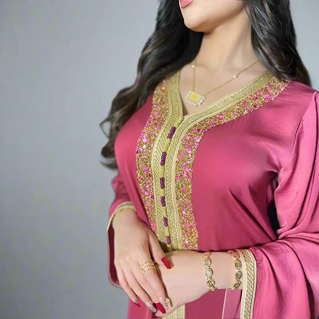 Hotfix Rhinestone Velvet Eid Dress for Women - Elegant Kaftan Jalabiya Abaya for Muslim Holiday, Party & Special Occasions