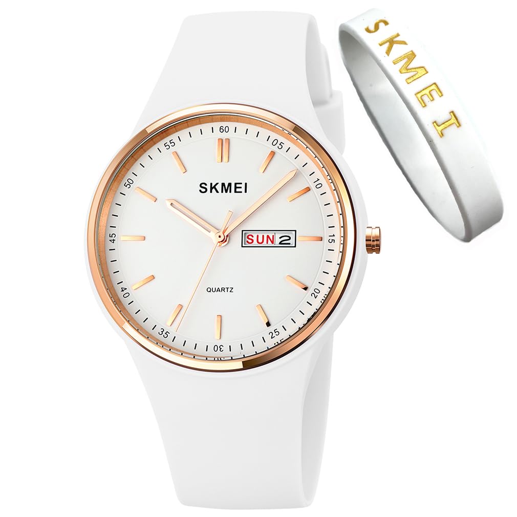 SKMEI Women's Sports Watch - Large Face, Waterproof, Silicone Band, Analog Quartz with Day & Date - Perfect for Running, Gym & Casual Wear - Ideal Gift for Girls & Young Women (White)