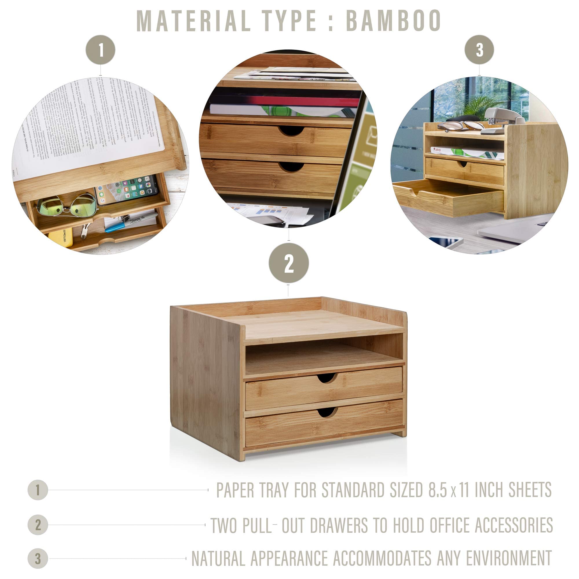 Premium Bamboo Desktop Organizer with Drawers - Stylish Home & Office Storage Solution for Pens, Papers & Supplies | Perfect for Workstations, Study Desks & Gift Giving