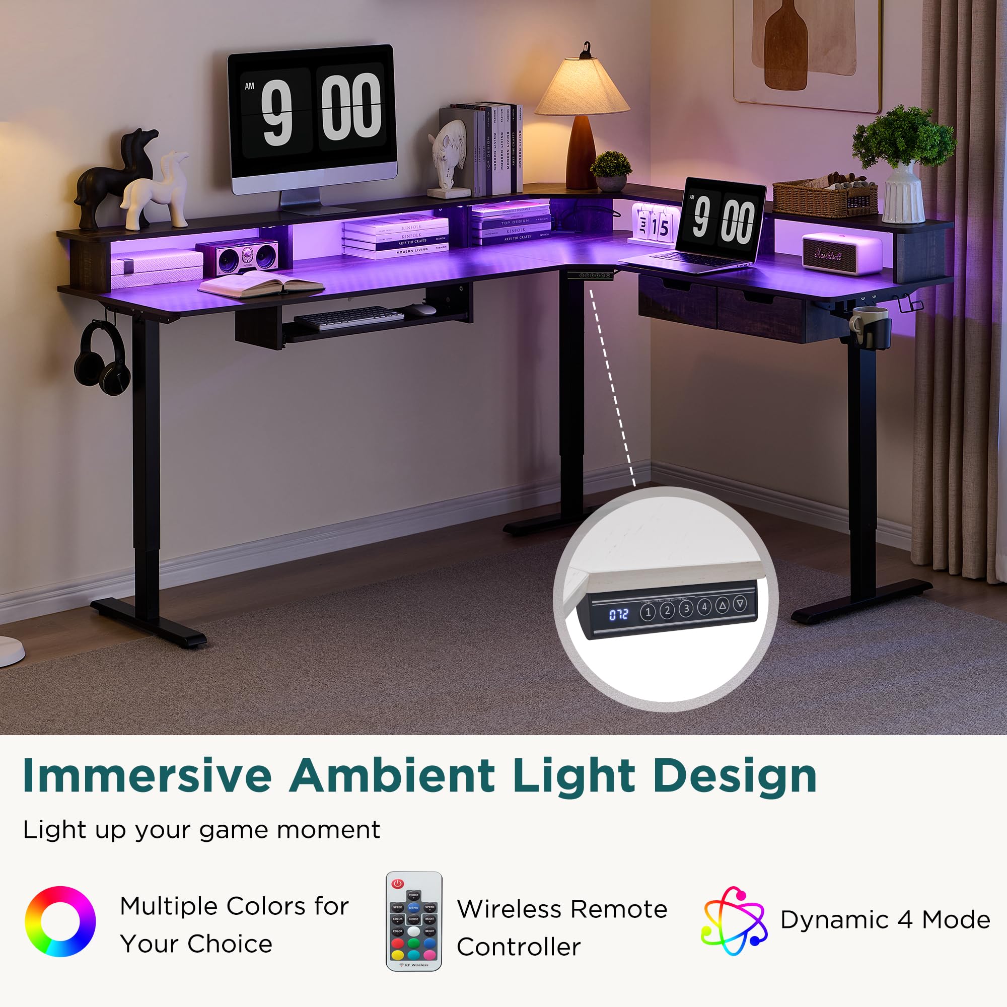RedLemon 75X60 Inches L-Shaped Electric Standing Desk - Height Adjustable Corner Gaming Desk with Drawers, Keyboard Tray, Power Outlets & LED Lights - Computer Desk with Monitor Shelf in Dark Rustic Oak - Perfect for Home Office, Gaming Setup & Workspace Ergonomics