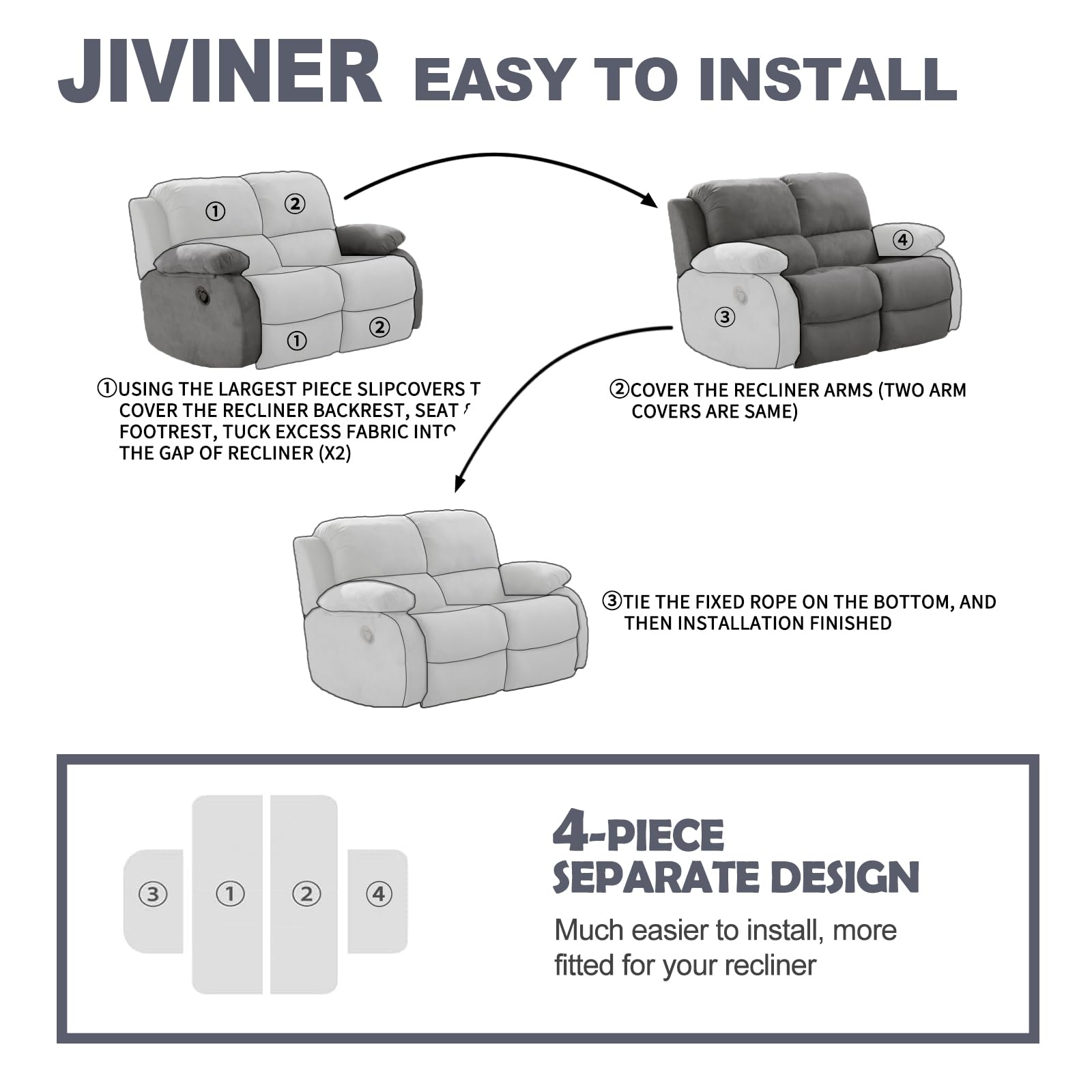 JIVINER Jacquard 4-Piece Recliner Sofa Cover Set with Pockets - Washable Loveseat Slipcover, Elastic Bottom Couch Protector for Lazy Boy Recliners (Coffee Color) - Perfect for Living Room, Home Theater & Family Room Furniture Protection