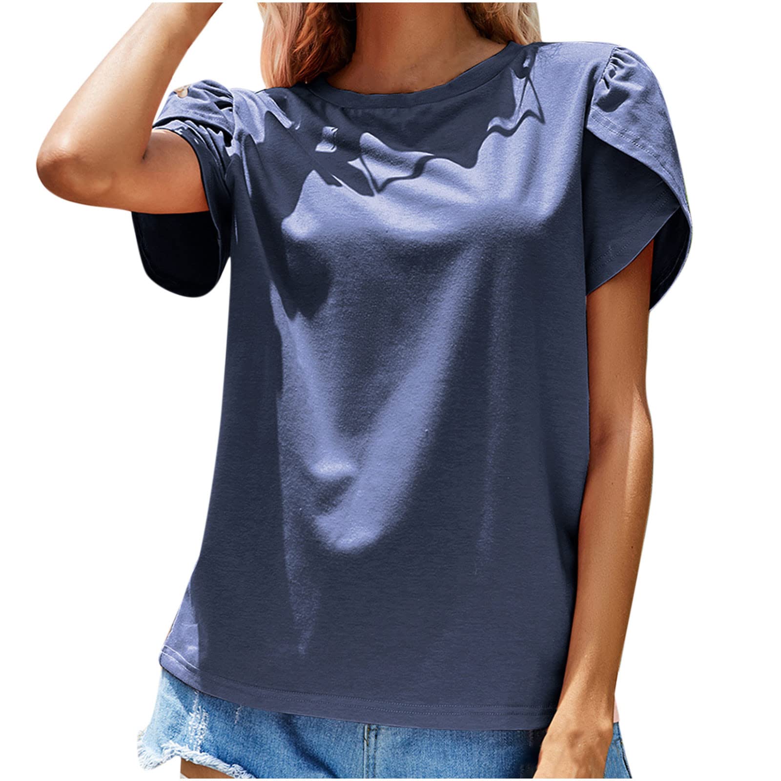Women's Crewneck Solid Color Short Sleeve T-Shirt with Ruffle Sleeve - Casual Summer Blouse & Comfortable Basic Top for Everyday Wear, Outings, and Office Outfits