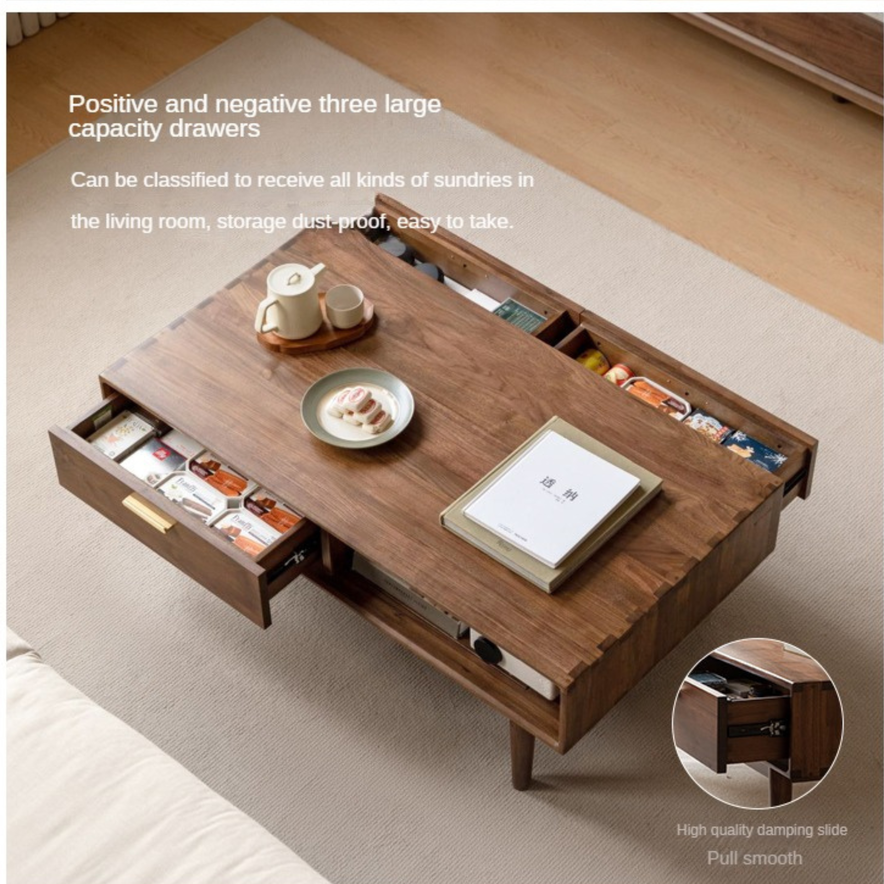 Solid Black Walnut Wood Storage Coffee Table with Rock Plate - Rustic Living Room Furniture for Home Decor & Organization