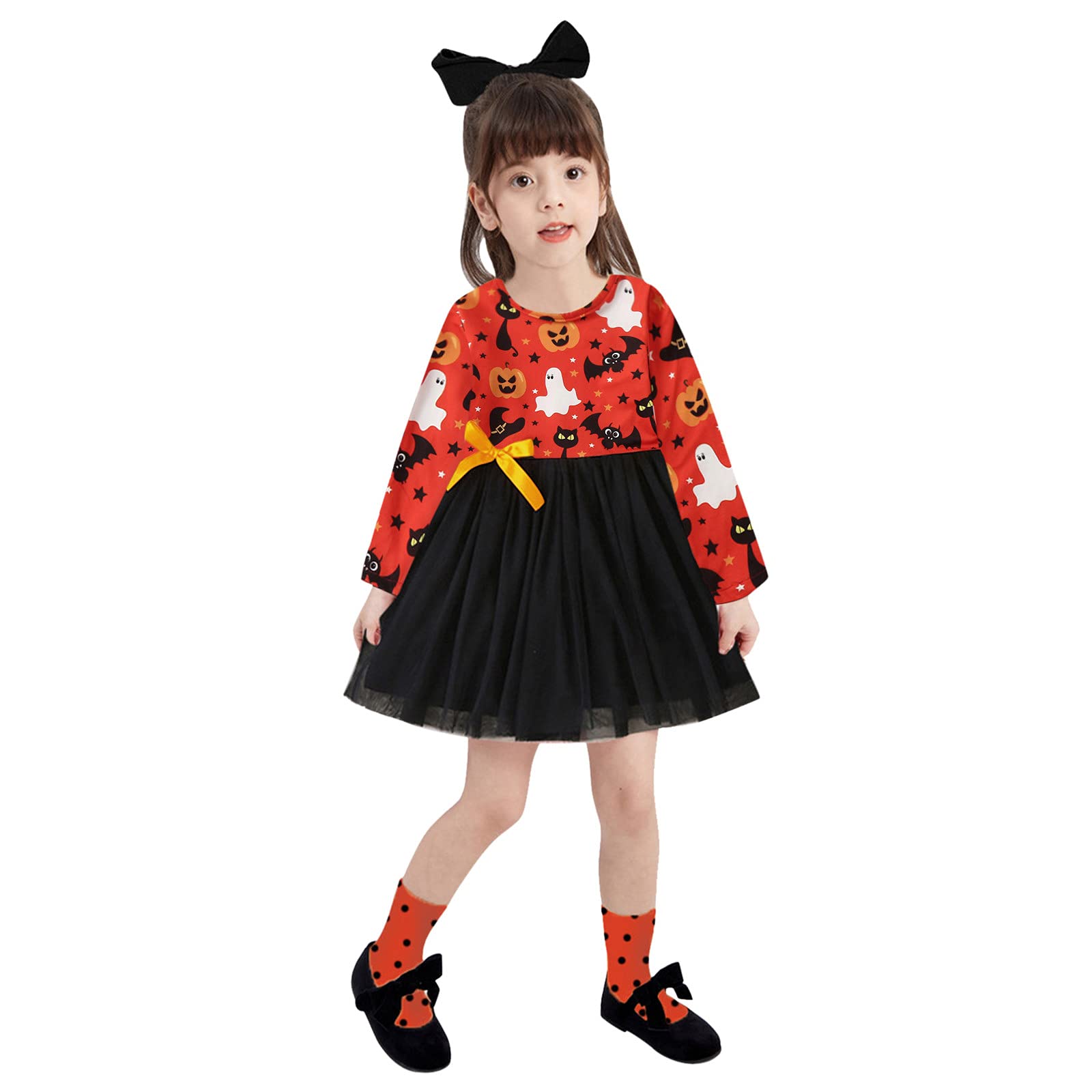 Toddler Girls Halloween Dress - Cute Pumpkin & Spooky Cartoon Print Tulle Skirt Outfit | Princess Costume for Kids | Perfect for Trick-or-Treating, Halloween Parties & Photo Shoots