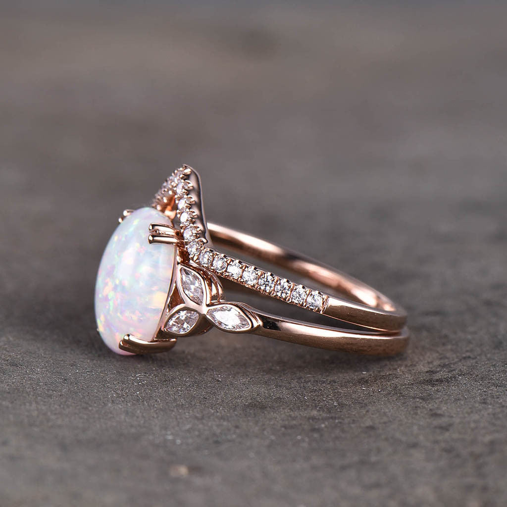Opal Wedding Ring Set - White Fire Opal Floral Engagement Ring & Rose Gold Plated Curve Wedding Band - Unique Silver Bridal Jewelry for Women - Perfect for Proposals, Anniversaries & Romantic Occasions