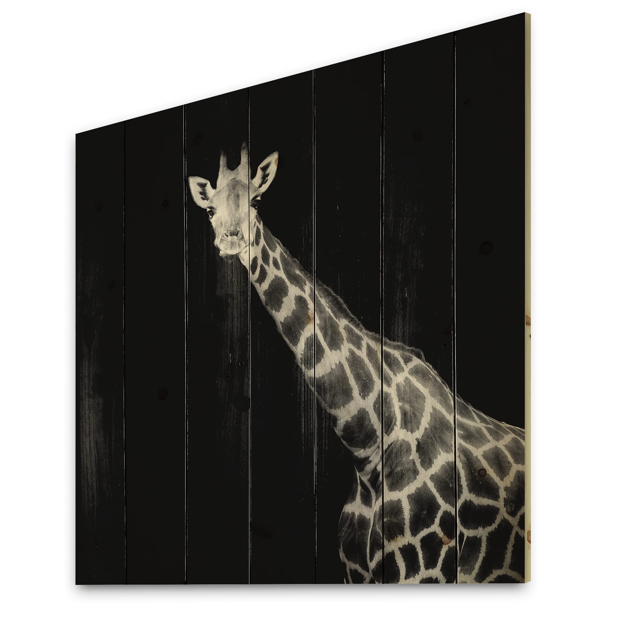 DesignQ Close-Up Giraffe Portrait - Farmhouse Wood Wall Decor, Black Wood Wall Art, Large Animal Wood Panels Printed on Natural Pine - Perfect for Living Room, Nursery & Home Office Decor