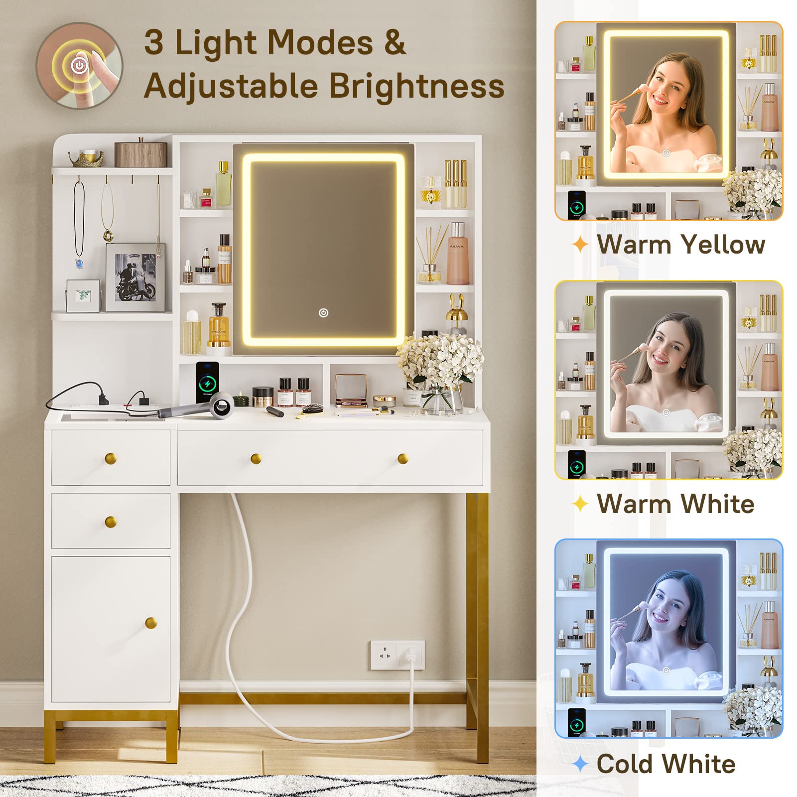 VIAGDO White Vanity Desk with LED Lights - Makeup Vanity Table with Openable Mirror, Charging Station, 4 Drawers & Storage Shelves - Perfect for Bedroom, Dressing Room & Beauty Salon Organization