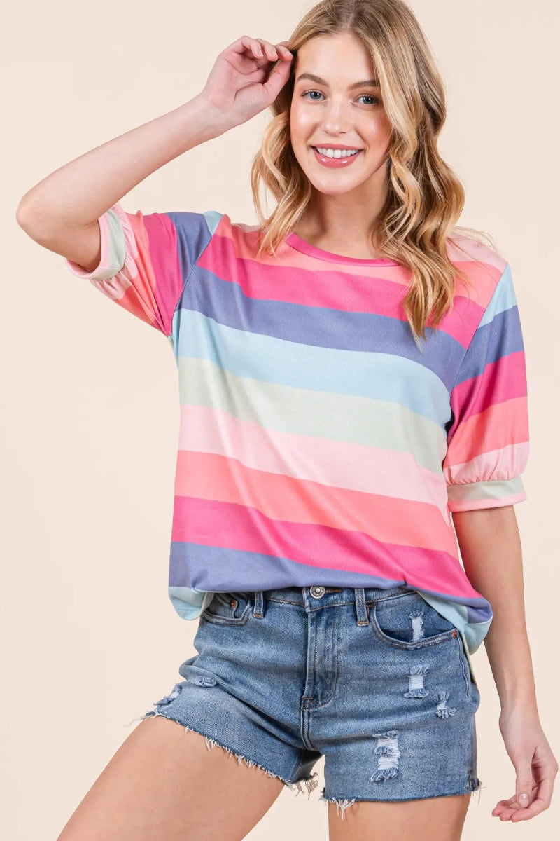 BOMBOM Women's Striped Round Neck Half Sleeve T-Shirt - Casual Summer Tee for Outfits, Beach & Daily Wear