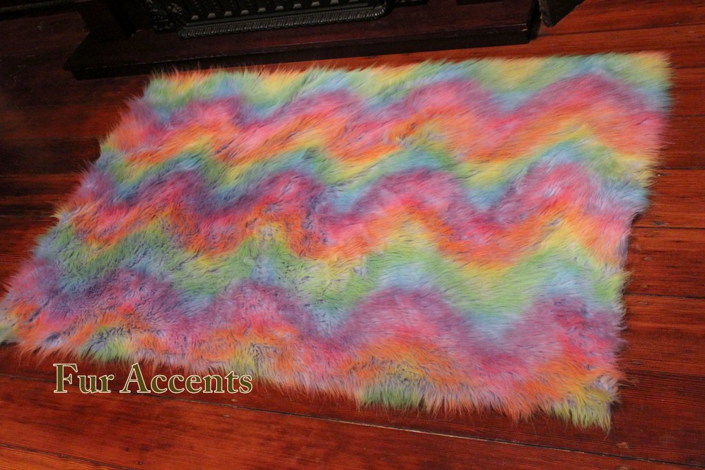 Soft Rainbow Faux Fur Shag Area Rug 50''x60'' - Plush Sheepskin Oval Rug for Living Room, Bedroom & Nursery Decor