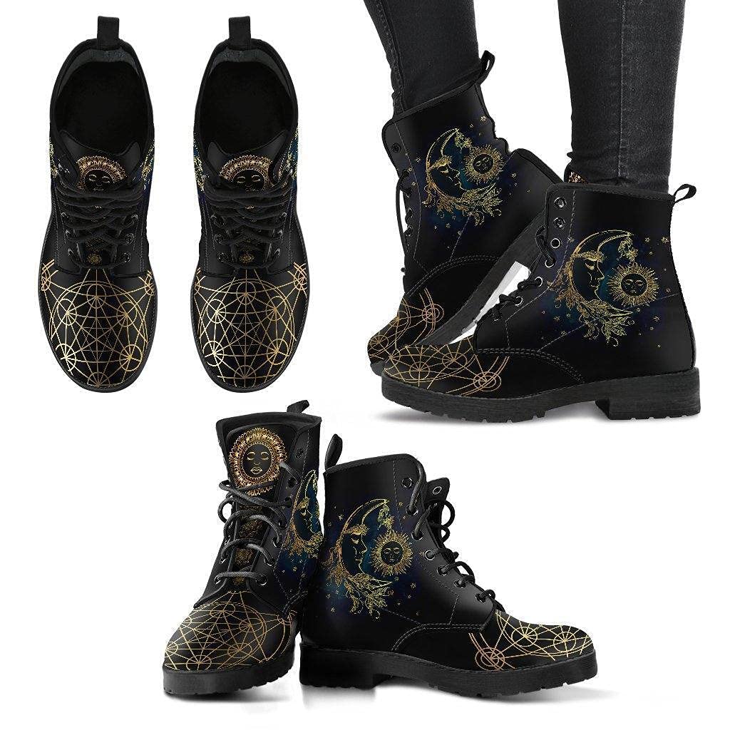 Sacred Geometry Sun & Moon Memory Foam Boots for Women - All Season Vegan Leather Combat Boots - US7 (EU38) - Perfect for Casual Wear, Festivals & Street Fashion