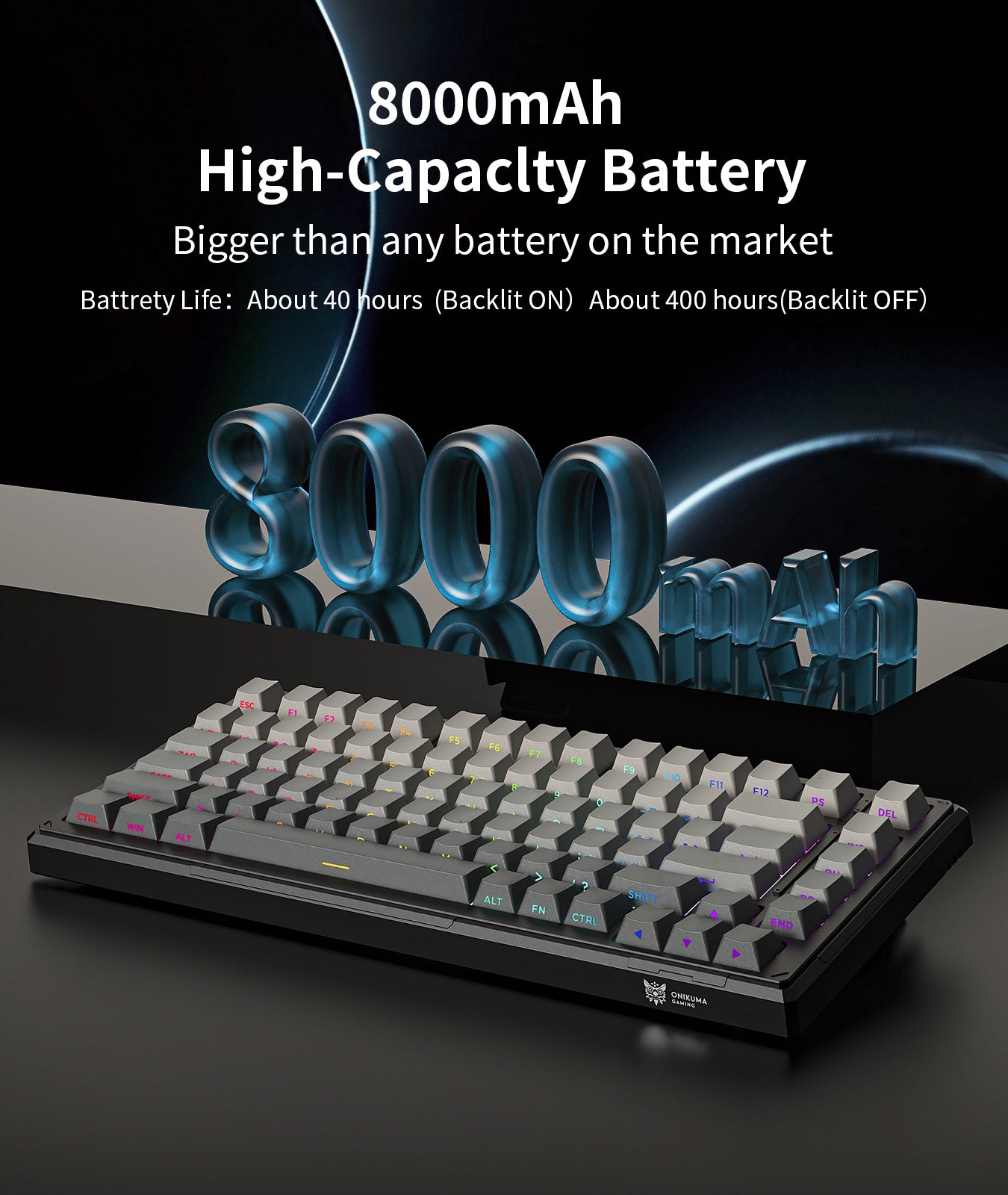 ONIKUMA GAMING 83 Key 75% Wireless Mechanical Keyboard - Tri Mode (2.4G/Bluetooth/Wired), 8000mAh Battery, Hot Swappable Switches, 5 Layer Gasket Mount, RGB Backlit, PBT Side Printed Keycaps (Black Gray) - Perfect for PC Gaming, Office Work & Typing Enthusiasts