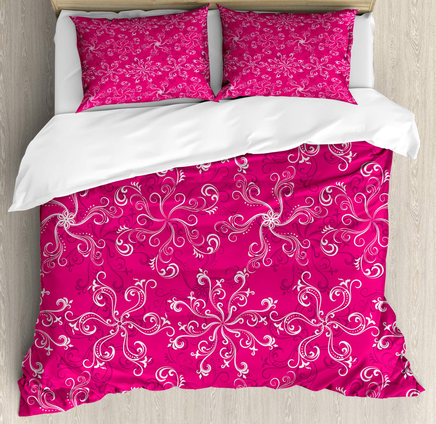 Ambesonne Hot Pink Duvet Cover Set - Floral Pattern 3-Piece Bedding with 2 Pillow Shams, California King Size, Pink White & Purple - Perfect for Spring Bedroom Decor & Boho Chic Home Styling