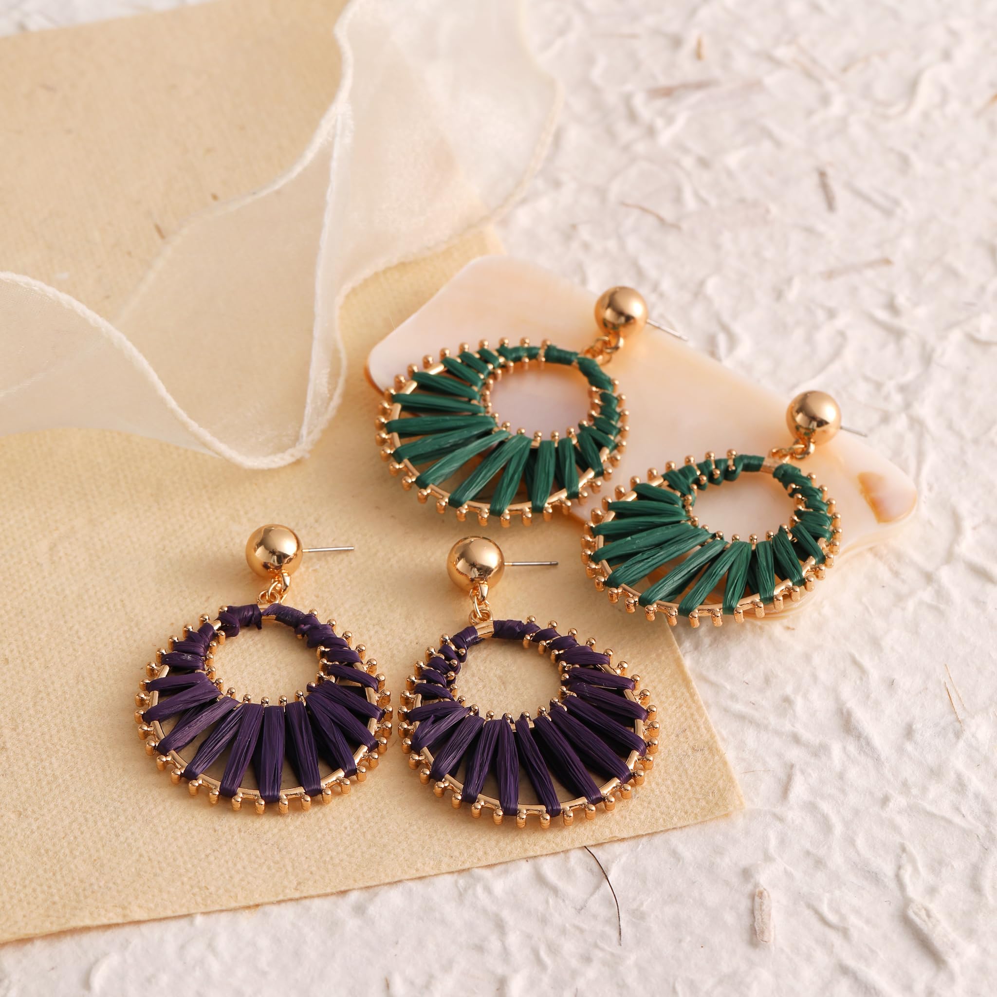 Boho Raffia Teardrop Earrings for Women – Large Statement Drop Dangle Earrings, Handmade Woven Fashion Jewelry for Prom, Beach Wedding, Bridal Shower & Summer Outfits