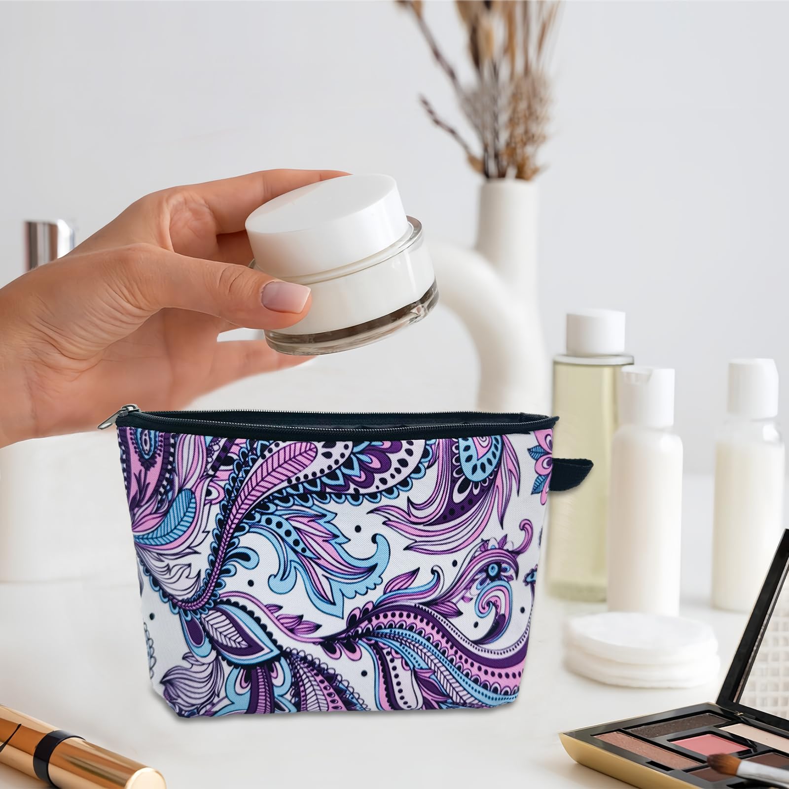 Ethnic Style Waterproof Makeup Bag for Women - Travel Cosmetic Pouch with Zipper for Lipstick, Toiletries & Essentials (8.6 x 5.1 x 6 inches) - Perfect for Travel, Gym & Daily Organizer