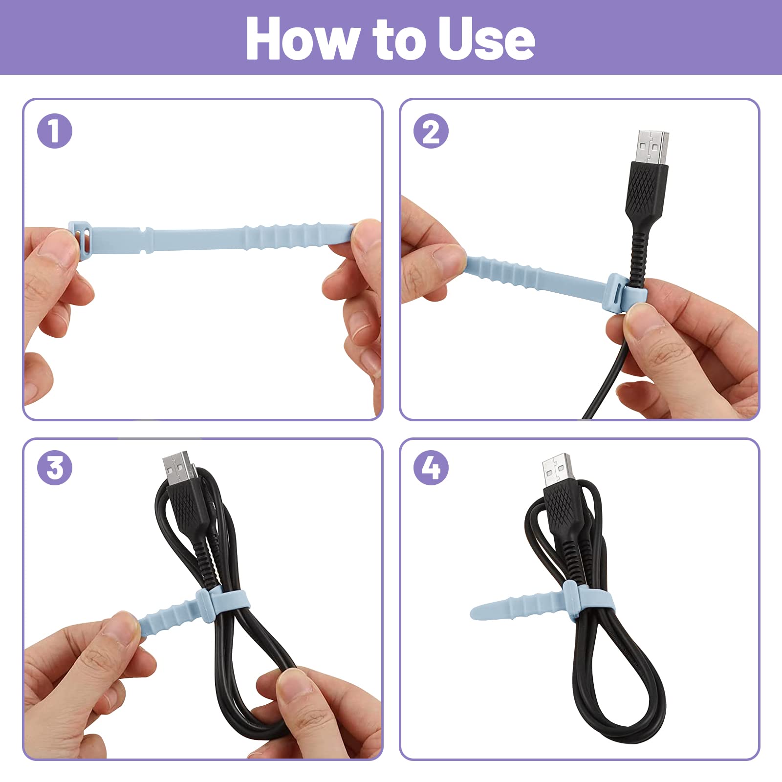 20 Pack Reusable Silicone Zip Ties - 4.5 Inch Flexible Rubber Cable Ties for Wire Management, Cord Organization - Home, Office, Desk, Table Organizer - White, Black, Pink, Purple, Blue - Perfect for Electronics, Computer Wires, Christmas Lights & Home DIY Projects