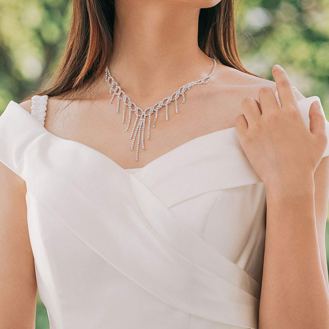 Unicra Sterling Silver Bridal Jewelry Set - Crystal Wedding Necklace & Drop Dangle Earrings for Bride & Bridesmaids | Perfect for Weddings, Prom, Anniversary & Formal Events