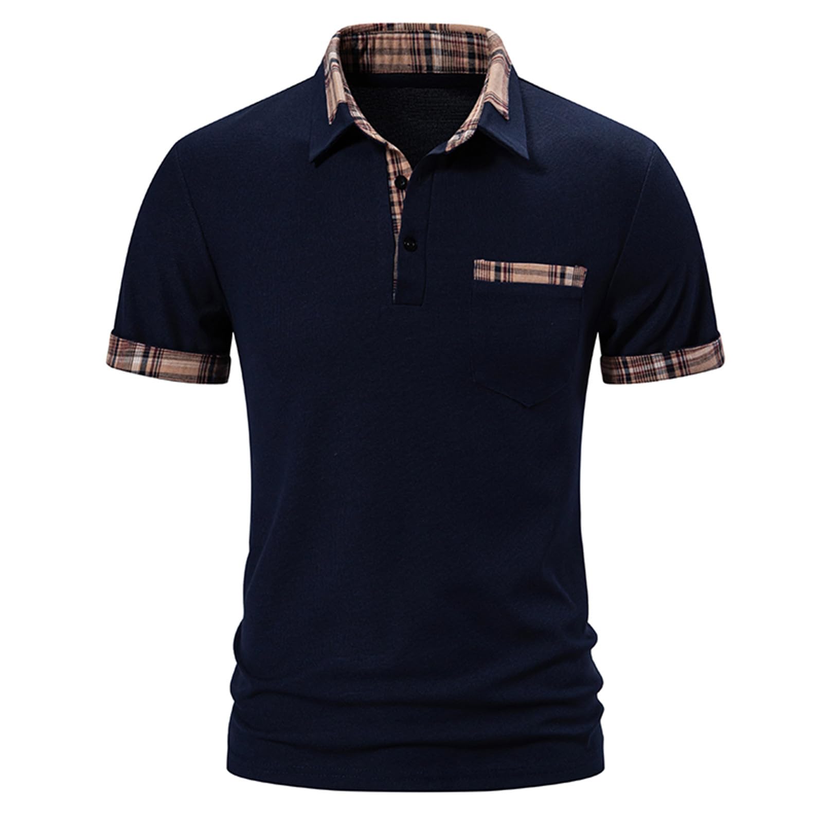 Men's Waffle Polo Shirts - Plaid Short Sleeve Business Casual T-Shirts with Pocket | Summer Work Blouse & Office Wear Tops