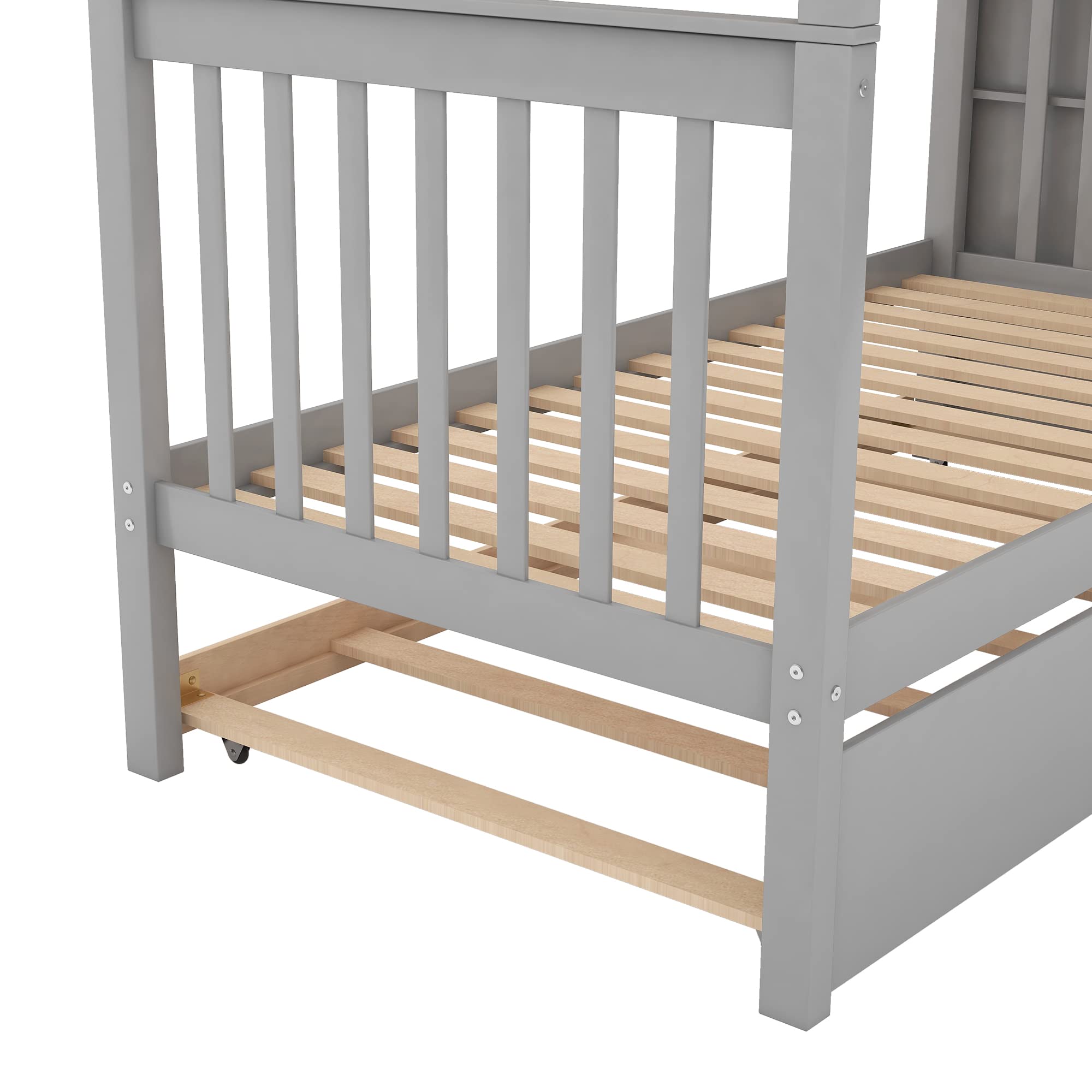 Harper & Bright Designs Twin Over Twin Solid Wood Bunk Bed with Trundle & Stairs - Space-Saving Kids, Teens & Adult Bedroom Furniture (Grey) - Perfect for Small Rooms, Guest Rooms & Shared Kids' Bedrooms