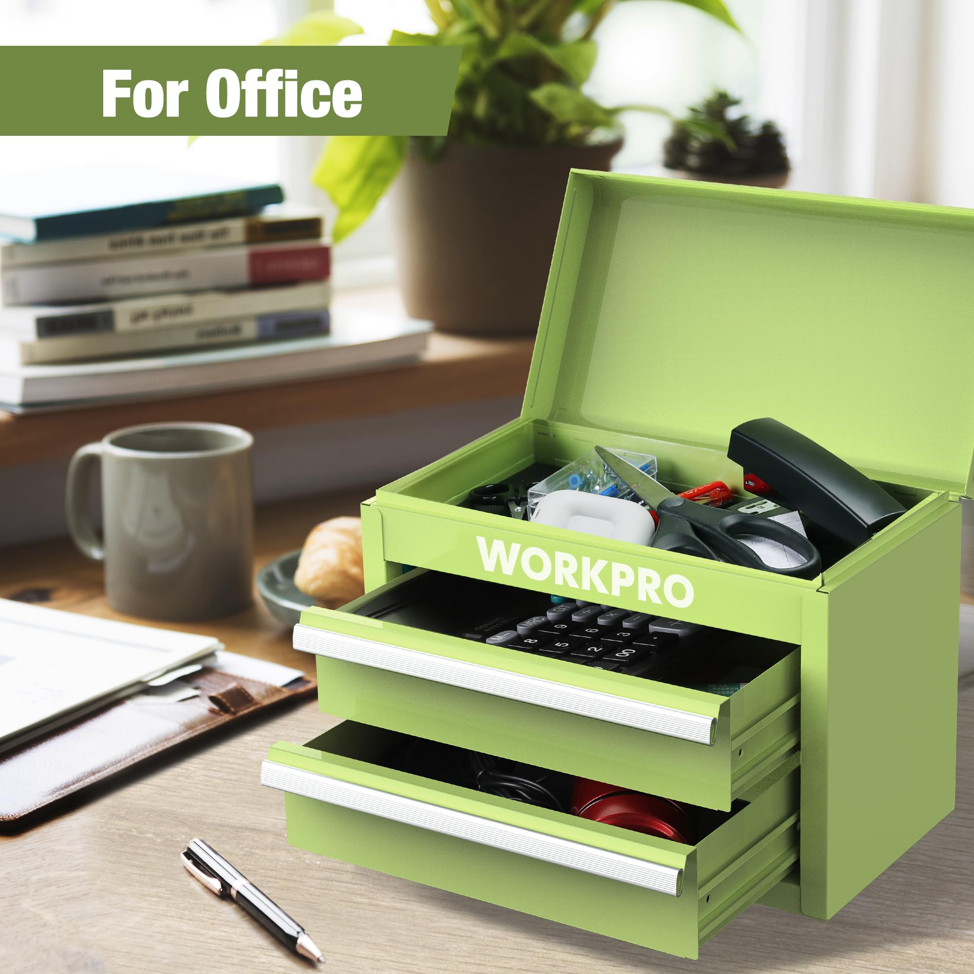 WORKPRO Mini Metal Tool Box with 2 Drawers & Top Storage - Small Steel Tool Chest with PVC Liners, PP Feet Pads & Magnetic Tab - Durable Cold Rolled Steel Toolbox for Home Garage, Workshop & DIY Projects