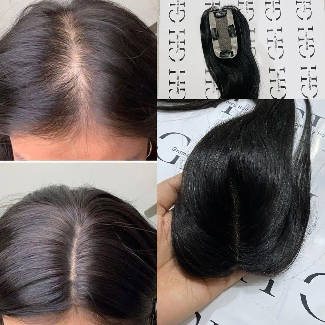 Gramercy Hair Silk Base Human Hair Clip-In Toppers for Women - Straight & Thin Hair Crown Extensions for Hair Loss | Perfect for Daily Wear, Styling & Volume Boost