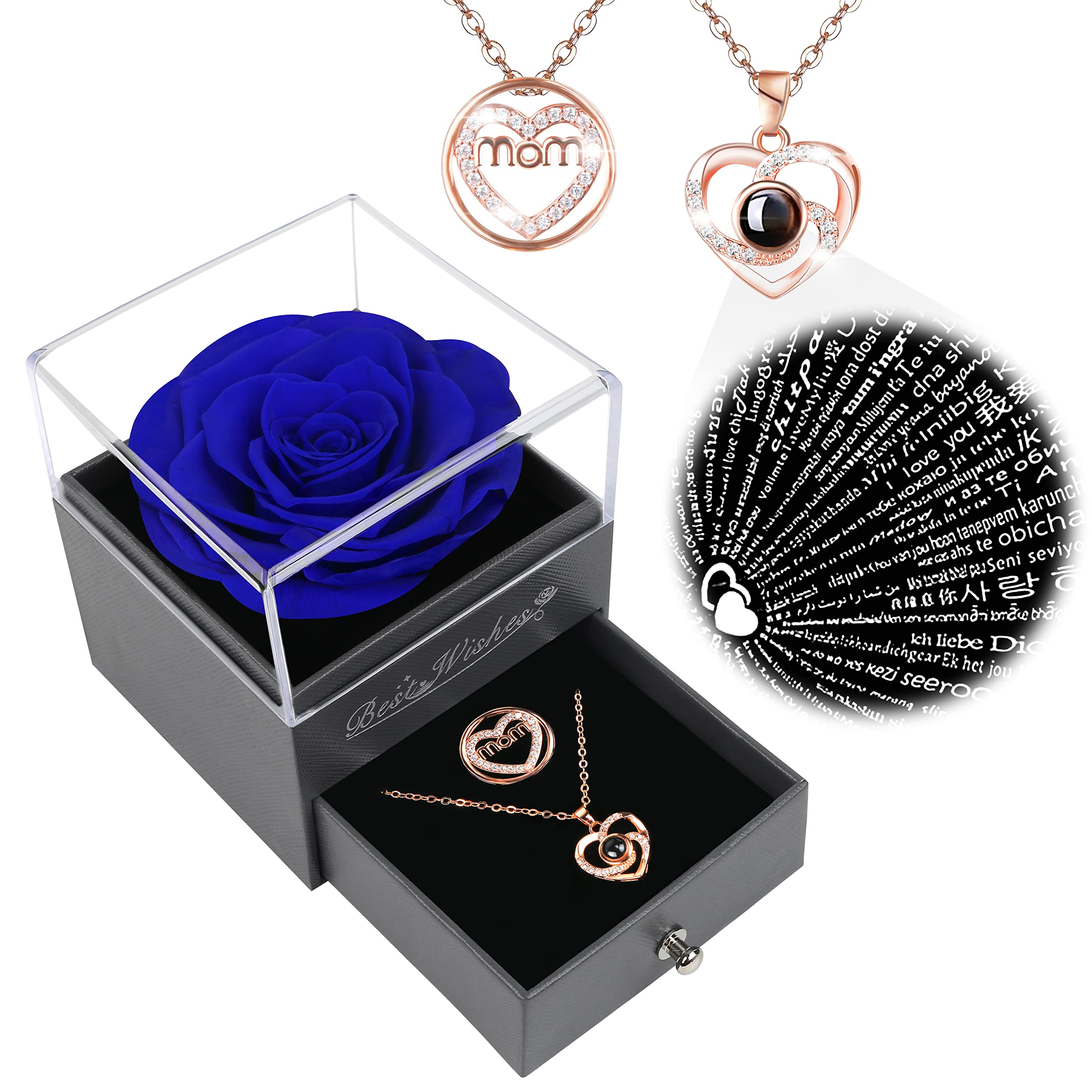Preserved Blue Rose Gift Box with 'I Love You' Necklace - Romantic Christmas Rose Gifts for Women, Mom & Teen Girls | Birthday, Anniversary & Xmas Present | 100 Languages Love Flower Keepsake for Special Occasions | Perfect for Valentine's Day, Mother's Day & Romantic Surprises