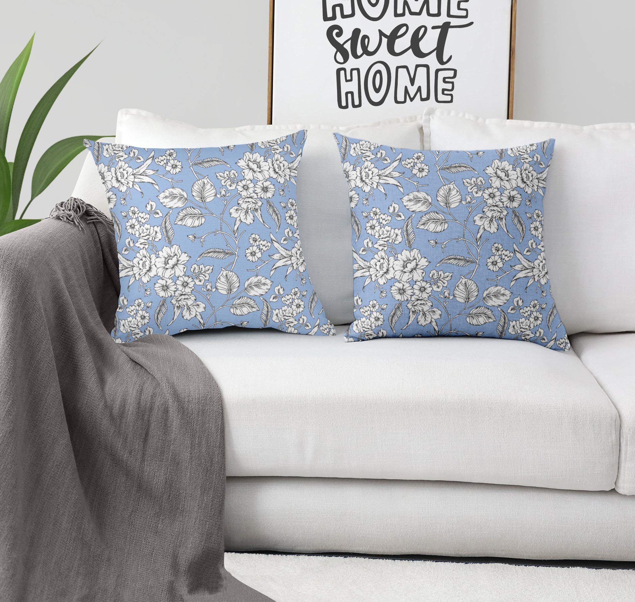 Blue Velvet Decorative Throw Pillow Covers 20x20 Inch - 2 Pack Coreopsis Floral Design for Sofa, Bed, Couch | Home Decor, Living Room Accent