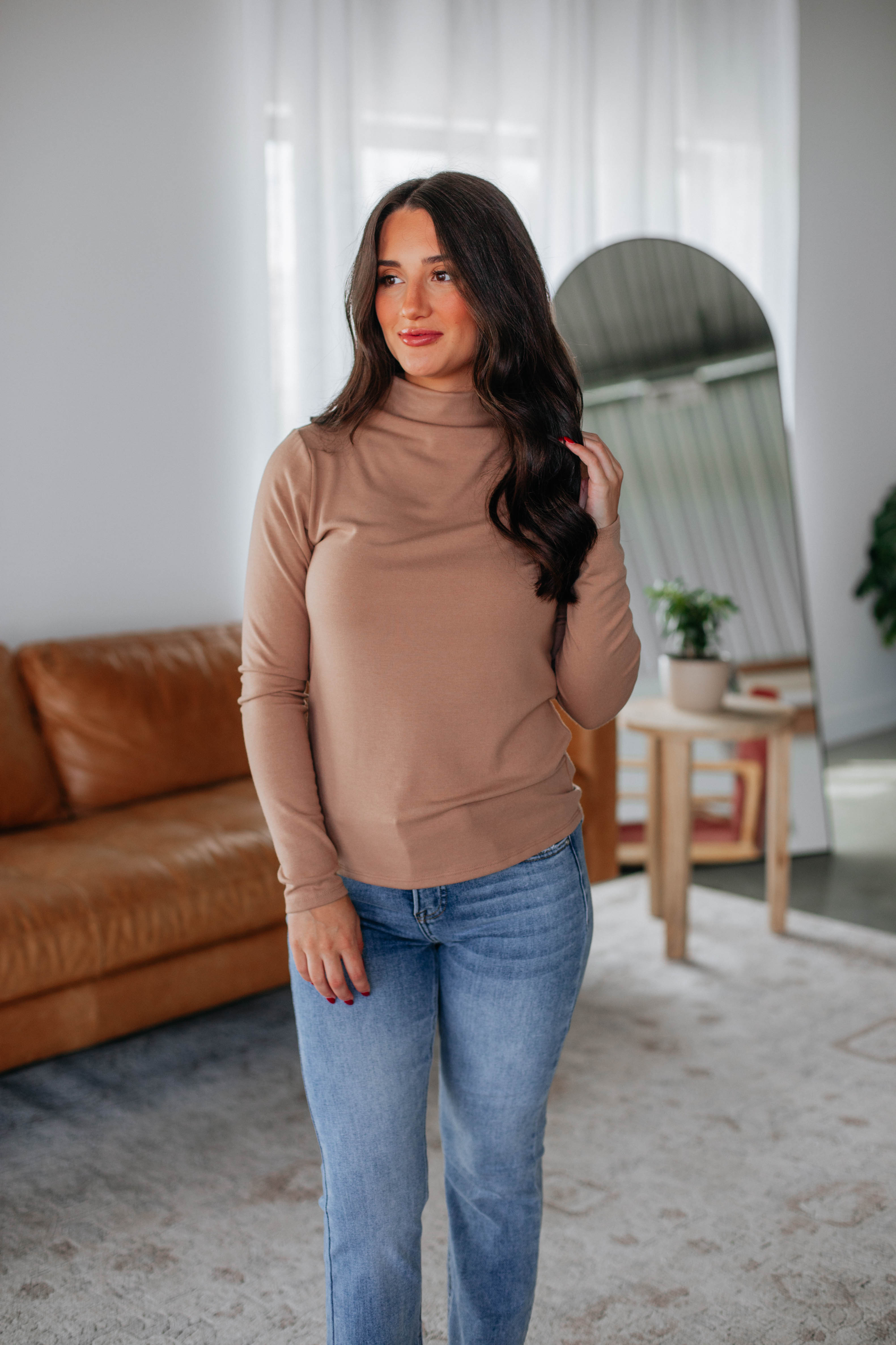 Cene Women's Mock Neck Long Sleeve Top in Camel Color - Perfect for Office Wear, Casual Outfits & Fall Layering