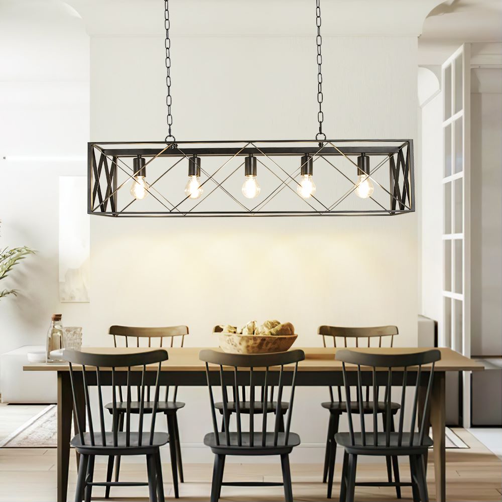 Depuley 5-Light Industrial Pendant Lighting Fixture - Rectangular Open Frame Farmhouse Ceiling Light for Kitchen Island, Dining Room, Living Room & Cellar - Matte Black Finish with E26 Sockets - Perfect for Modern Farmhouse, Industrial & Rustic Home Decor