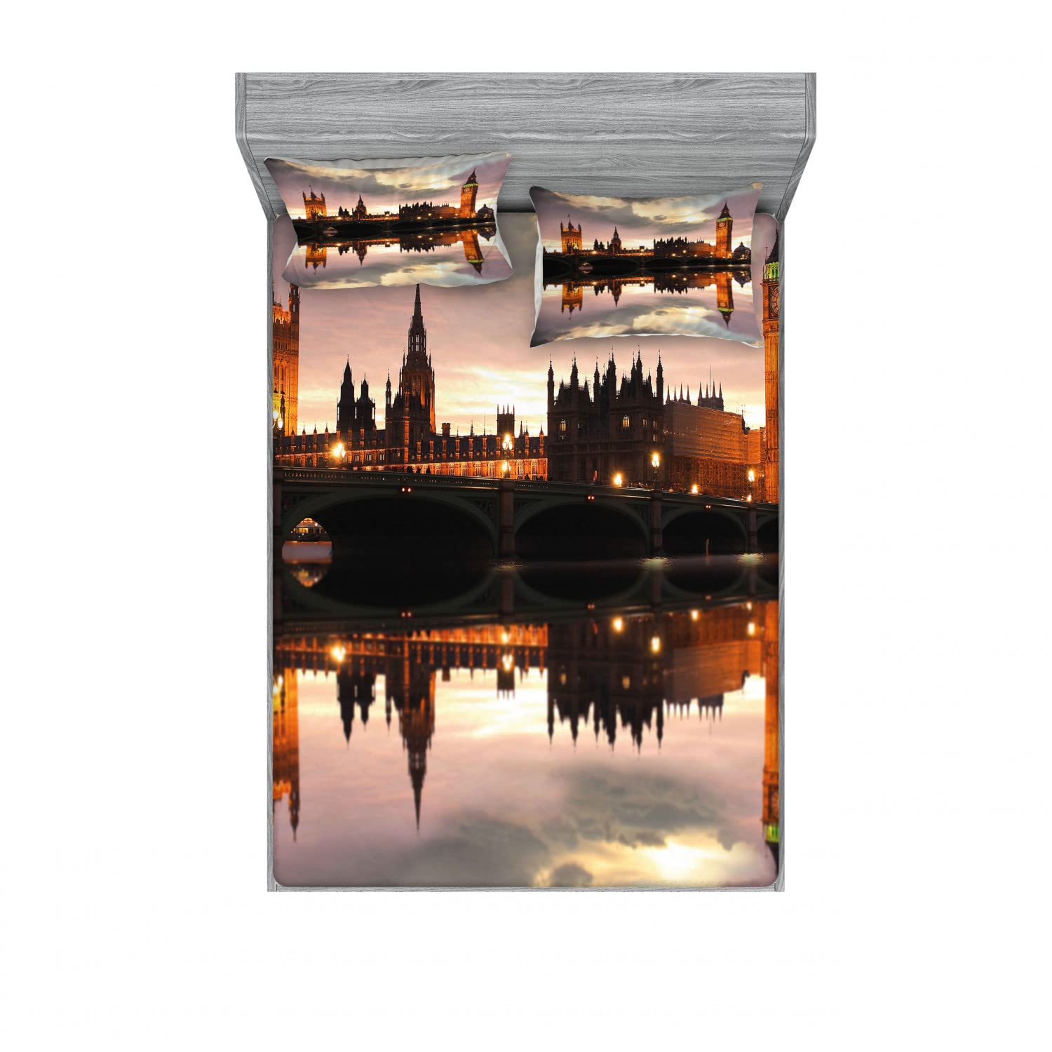 Ambesonne Urban 2-Piece Queen Size Bedding Set - Surreal Evening Big Ben Print Fitted Sheet & 4 Pillow Shams, Cinnamon Grey - Modern Home Decor for Master Bedroom, Guest Room & Dorm