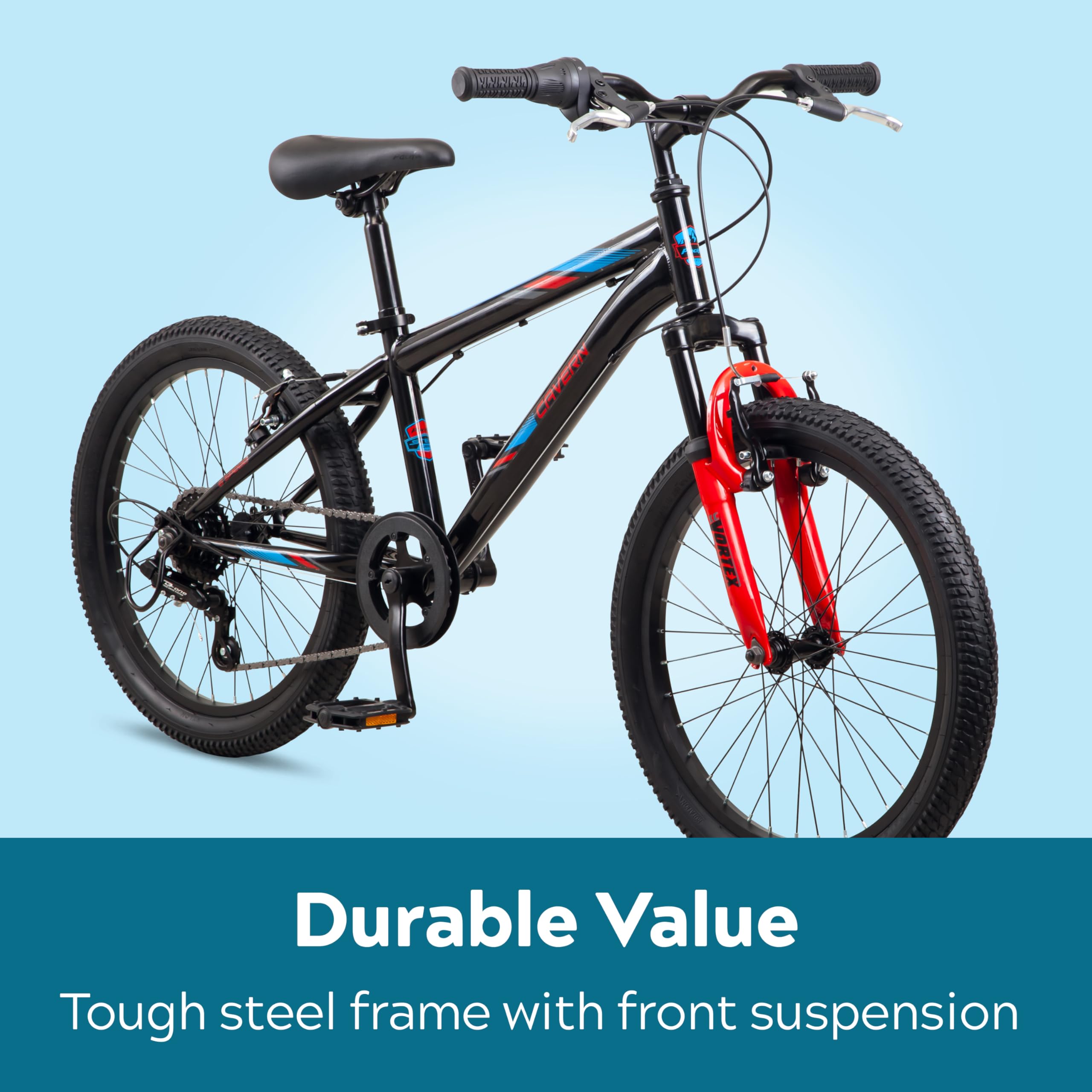 Pacific Cavern Mountain Bike for Youth & Adults - 7/21 Speed Twist Shifter, 20/24/26 Inch Wheels, 11-17.5 Inch Steel Frame with Front Suspension - Perfect for Trail Riding, Commuting & Outdoor Adventures (Kickstand Included)