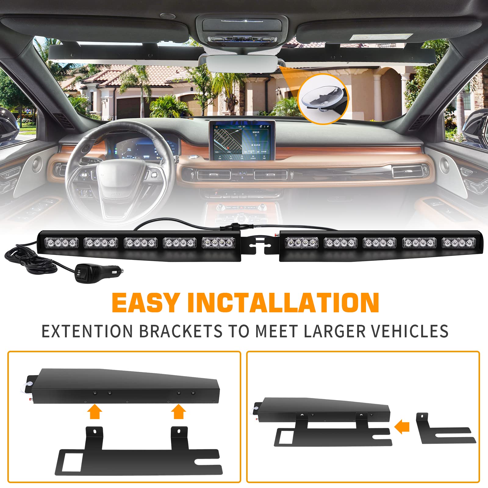 XRIDONSEN 34 Inch LED Emergency Strobe Visor Light Bar - 40 Amber & White Warning Flashing Lights for Trucks, Construction Vehicles - Interior Front Windshield Safety Hazard Lights with Take Down & Deck Split Feature - Ideal for Roadside Emergencies, Construction Zones, and Vehicle Safety Alerts
