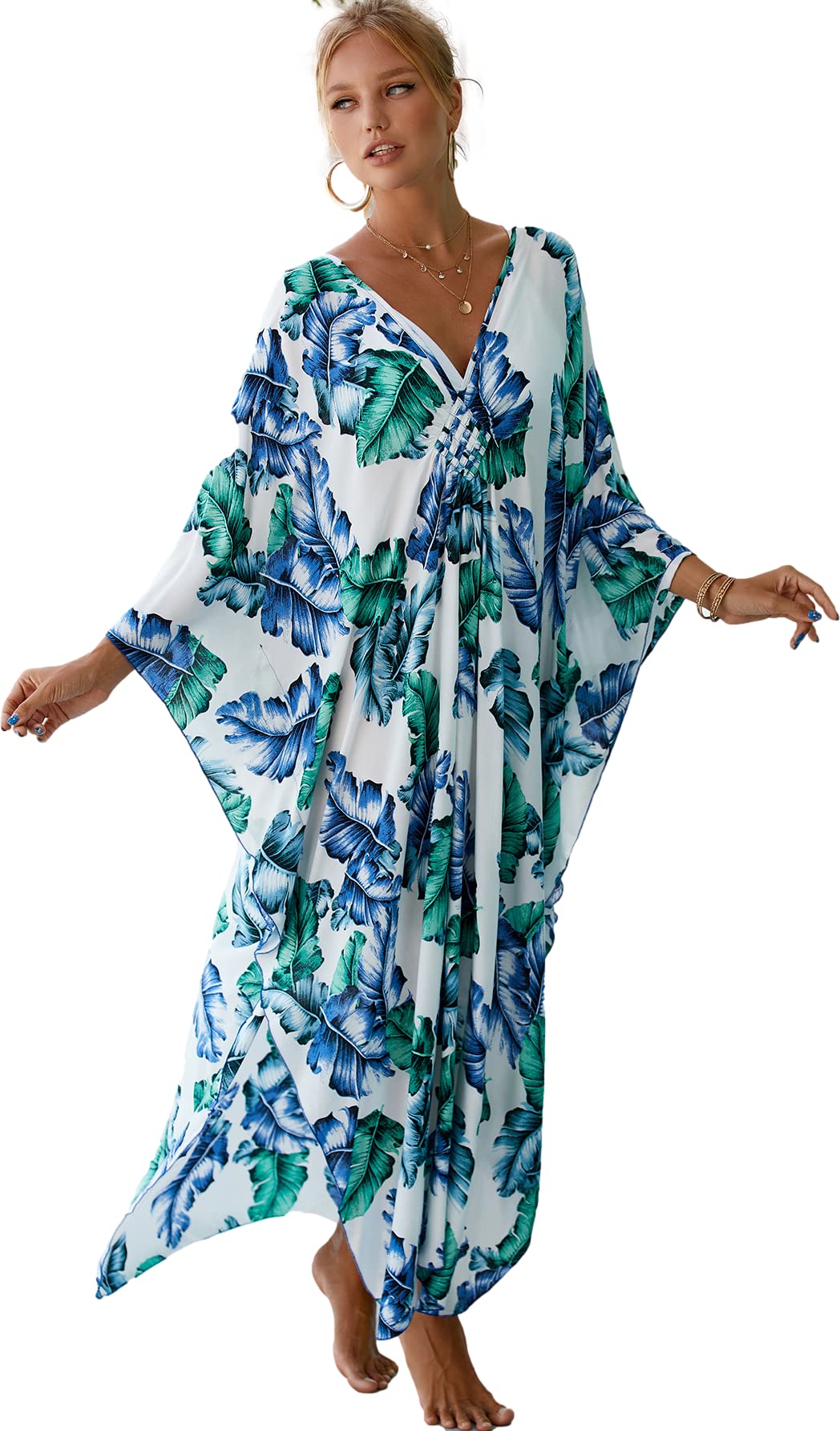 RanRui Women's Floral Kaftan Dresses - Plus Size Wave Neck Boho Muumuu Dress for Beach, Vacation & Summer Outfits