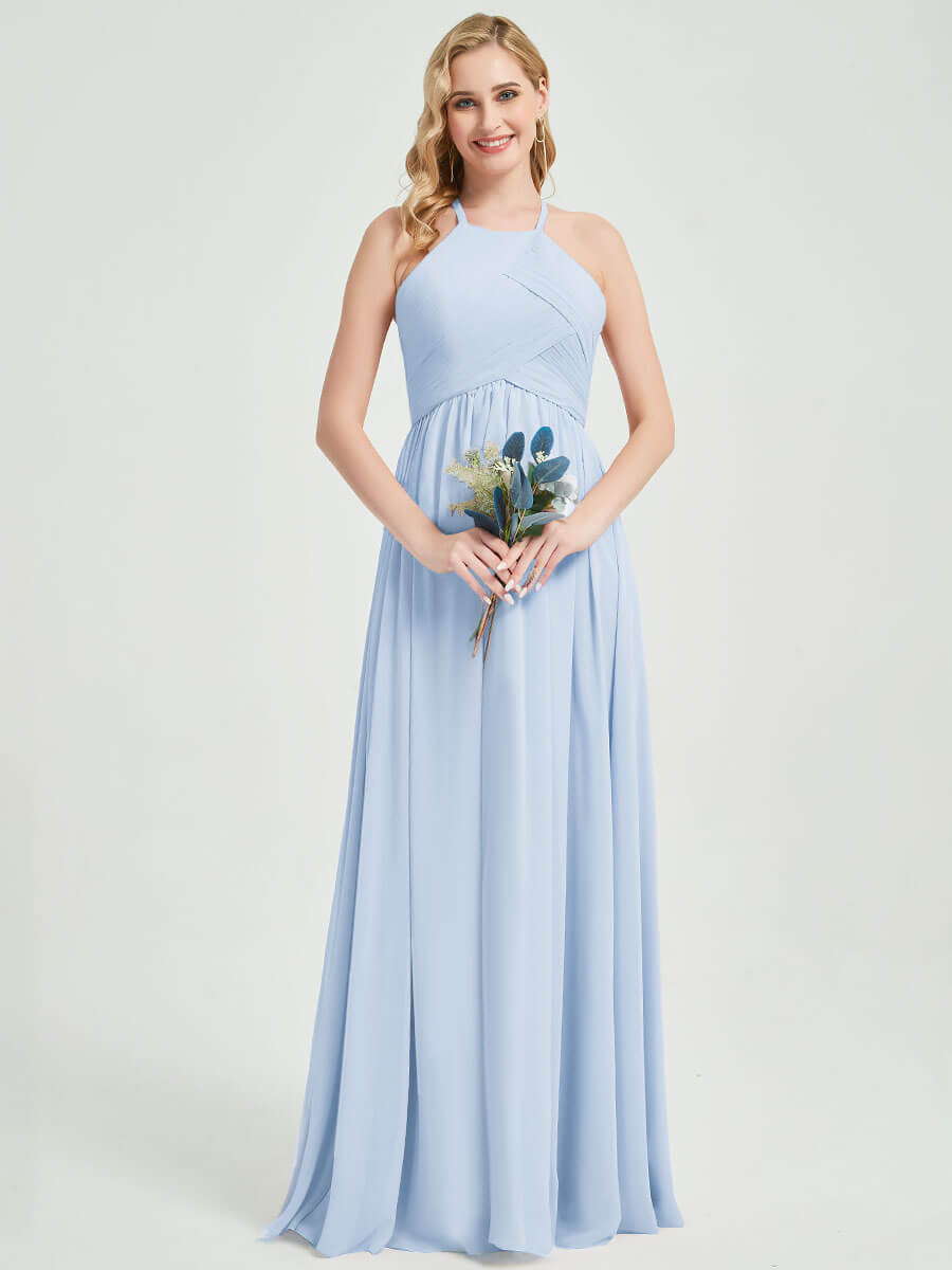 Cornflower Blue Halter Pleated Keyhole Back Chiffon Bridesmaid Dress - Elegant Formal Gown for Weddings, Prom & Special Occasions