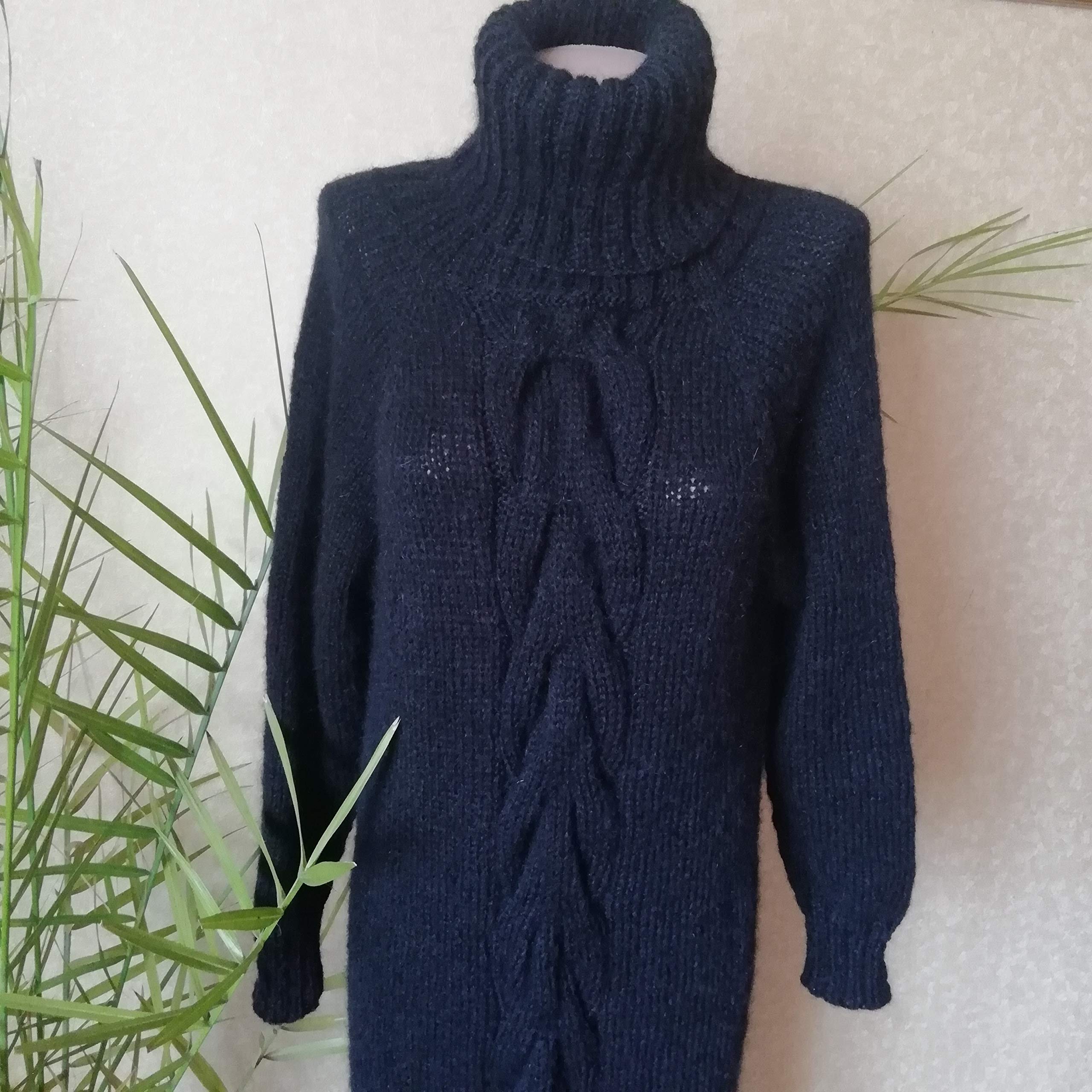 Black Mohair Knitted Sweater Dress for Women - Extra Long Handmade Winter Pullover with Collar | Perfect for Holiday Parties, Date Nights & Office Wear