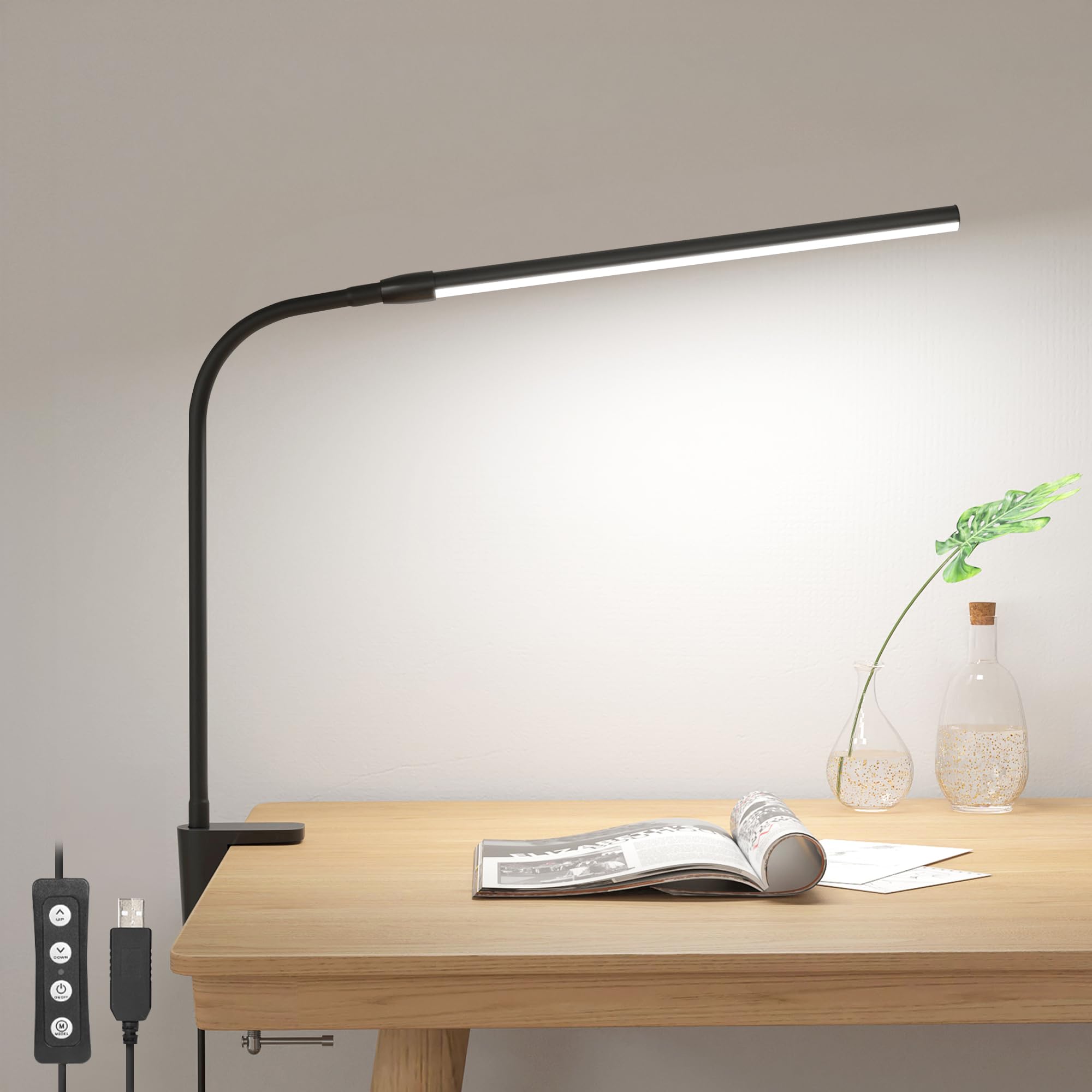 Lepro Clip on Desk Lamp - Dimmable LED Reading Light with USB Power, 3 Color Modes & 10 Brightness Levels, Adjustable Gooseneck Table Lamp for Home Office, Computer Work, Bed Headboard, Nail Art - Black (Perfect for Studying, Working & Night Reading)