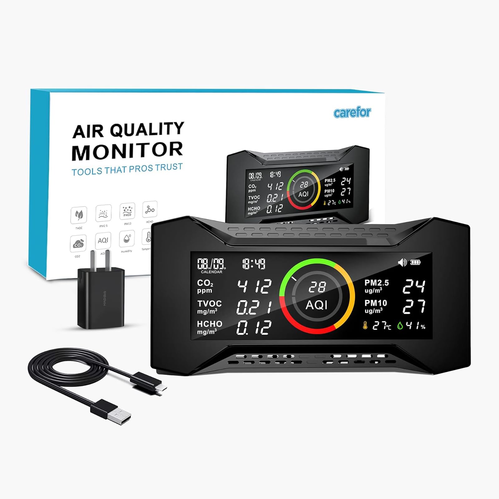 8-in-1 Air Quality Monitor - Portable CO2 Detector for Home & Office with PM2.5/PM10, VOC, Formaldehyde, Temperature & Humidity Sensor - Ideal for Indoor Air Quality Testing, Baby Room Monitoring & Office Safety
