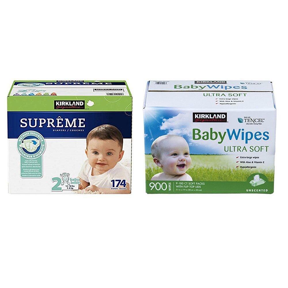 Kirkland Signature Supreme Diapers Size 2 (174 Count) & Ultra Soft Baby Wipes (900 Count) Bundle - Hypoallergenic, Leak Protection for Newborns & Infants - Perfect for Daycare, Travel & Overnight Use