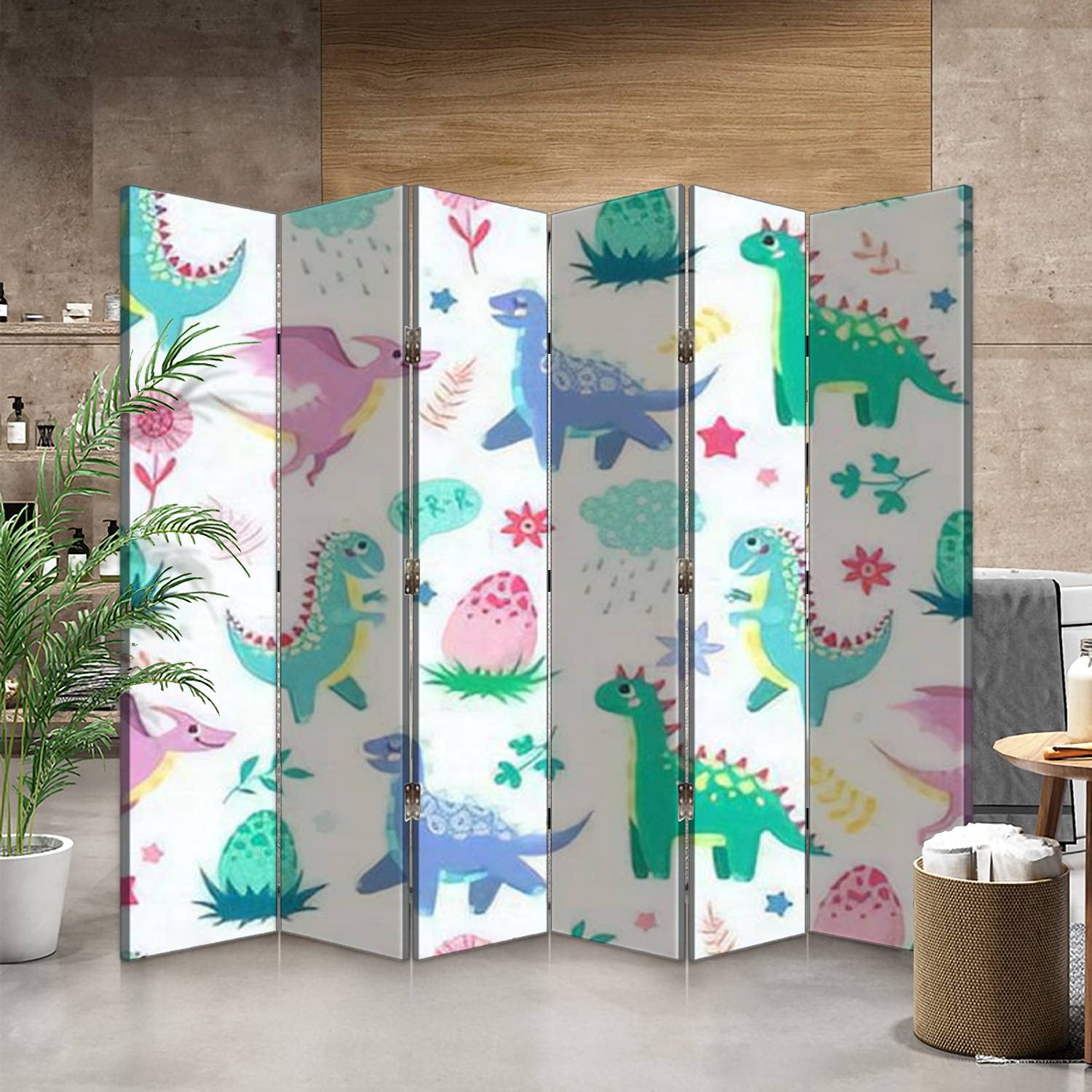 Dinosaurs Canvas Room Divider - 6 Panel Folding Privacy Screen with Cute Dino Print for Kids Bedroom, Nursery & Playroom | White Background Children's Room Separator | Home & Office Partition Wall Decor
