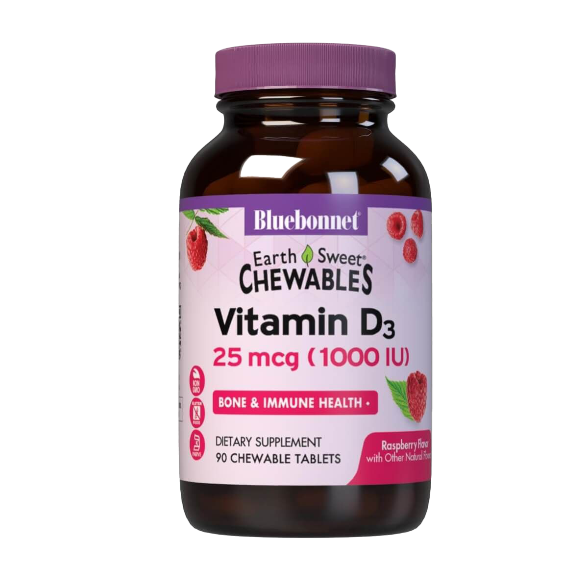 Bluebonnet Earthsweet Chewable Vitamin D3 1000 IU 90 Raspberry Flavored Tablets - Supports Bone & Immune Health - Great for Kids & Adults Daily Supplement