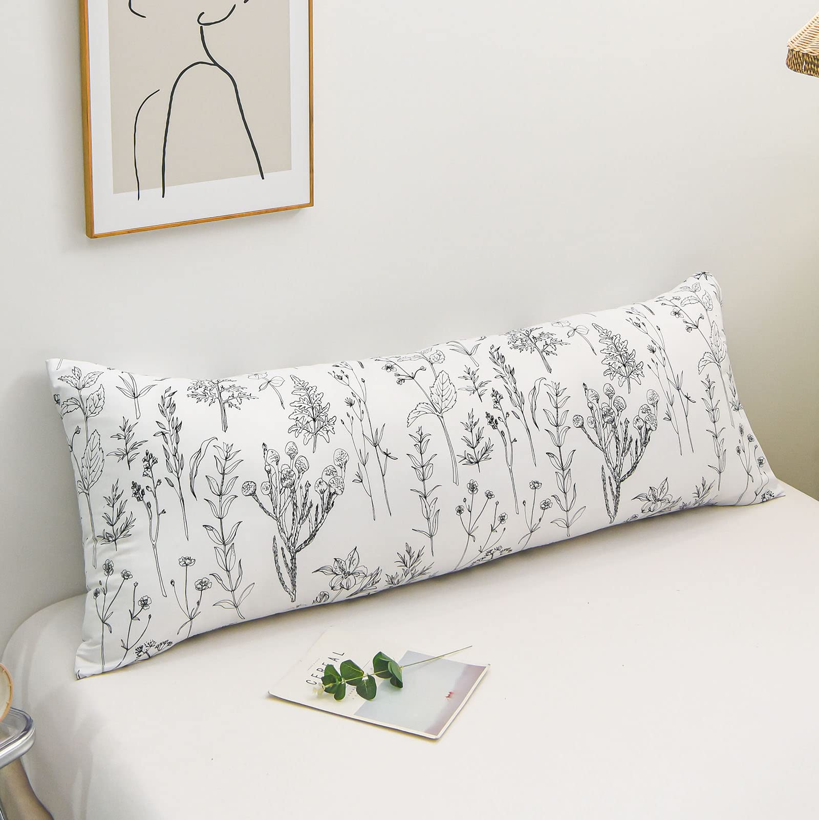 20x54 Inches White Flowers Body Pillow Cover - Black Sketch Floral Print Country Style Decor with Pocket Closure | Botanical Home Decor for Bedroom, Living Room & Dorm